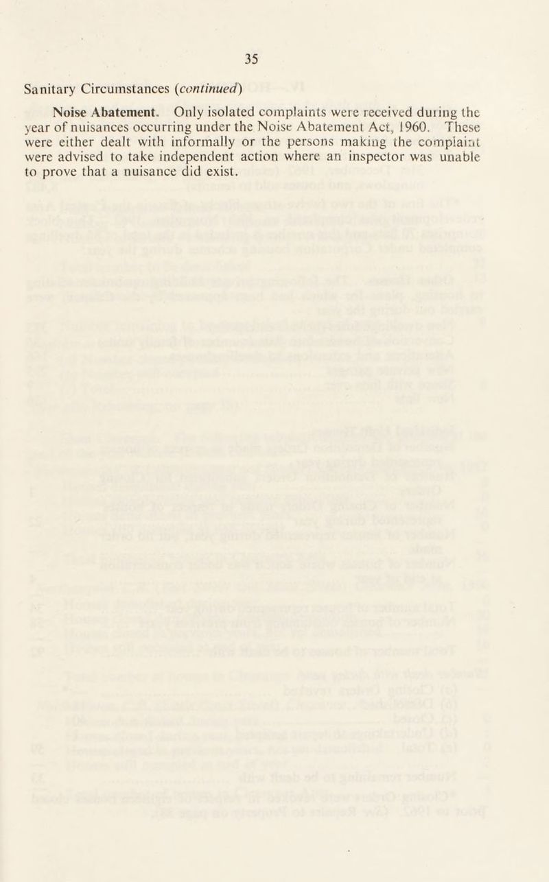 Sanitary Circumstances (continued) Noise Abatement. Only isolated complaints were received duung the year of nuisances occurring under the Noise Abatement Act, I960. These were either dealt with informally or the persons making the complaint were advised to take independent action where an inspector was unable to prove that a nuisance did exist.