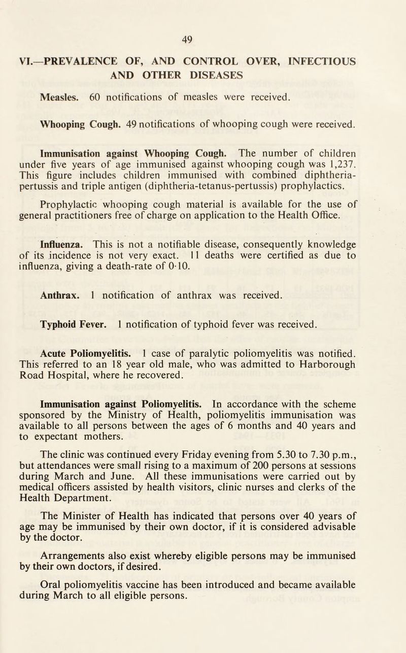 VI.—PREVALENCE OF, AND CONTROL OVER, INFECTIOUS AND OTHER DISEASES Measles. 60 notifications of measles were received. Whooping Cough. 49 notifications of whooping cough were received. Immunisation against Whooping Cough. The number of children under five years of age immunised against whooping cough was 1,237. This figure includes children immunised with combined diphtheria- pertussis and triple antigen (diphtheria-tetanus-pertussis) prophylactics. Prophylactic whooping cough material is available for the use of general practitioners free of charge on application to the Health Office. Influenza. This is not a notifiable disease, consequently knowledge of its incidence is not very exact. 11 deaths were certified as due to influenza, giving a death-rate of 010. Anthrax. 1 notification of anthrax was received. Typhoid Fever. 1 notification of typhoid fever was received. Acute Poliomyelitis. 1 case of paralytic poliomyelitis was notified. This referred to an 18 year old male, who was admitted to Harborough Road Hospital, where he recovered. Immunisation against Poliomyelitis. In accordance with the scheme sponsored by the Ministry of Health, poliomyelitis immunisation was available to all persons between the ages of 6 months and 40 years and to expectant mothers. The clinic was continued every Friday evening from 5.30 to 7.30 p.m., but attendances were small rising to a maximum of 200 persons at sessions during March and June. All these immunisations were carried out by medical officers assisted by health visitors, clinic nurses and clerks of the Health Department. The Minister of Health has indicated that persons over 40 years of age may be immunised by their own doctor, if it is considered advisable by the doctor. Arrangements also exist whereby eligible persons may be immunised by their own doctors, if desired. Oral poliomyelitis vaccine has been introduced and became available during March to all eligible persons.