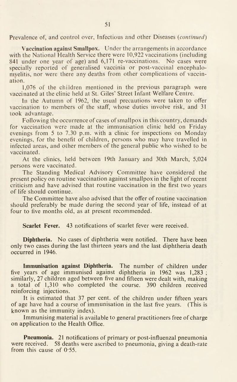 Prevalence of, and control over. Infectious and other Diseases (continued) Vaccination against Smallpox. Under the arrangements in accordance with the National Health Service there were 10,922 vaccinations (including 841 under one year of age) and 6,171 re-vaccinations. No cases were specially reported of generalised vaccinia or post-vaccinal encephalo¬ myelitis, nor were there any deaths from other complications of vaccin¬ ation. 1,076 of the children mentioned in the previous paragraph were vaccinated at the clinic held at St. Giles' Street Infant Welfare Centre. In the Autumn of 1962, the usual precautions were taken to offer vaccination to members of the staff, whose duties involve risk, and 31 took advantage. Following the occurrence of cases of smallpox in this country, demands for vaccination were made at the immunisation clinic held on Friday evenings from 5 to 7.30 p.m. with a clinic for inspections on Monday evenings, for the benefit of children, persons who may have travelled in infected areas, and other members of the general public who wished to be vaccinated. At the clinics, held between 19th January and 30th March, 5,024 persons w'ere vaccinated. The Standing Medical Advisory Committee have considered the present policy on routine vaccination against smallpox in the light of recent criticism and have advised that routine vaccination in the first two years of life should continue. The Committee have also advised that the offer of routine vaccination should preferably be made during the second year of life, instead of at four to live months old, as at present recommended. Scarlet Fever. 43 notifications of scarlet fever were received. Diphtheria. No cases of diphtheria were notified. There have been only two cases during the last thirteen years and the last diphtheria death occurred in 1946. Immunisation against Diphtheria. The number of children under five years of age immunised against diphtheria in 1962 was 1,283 ; similarly, 27 children aged between five and fifteen were dealt with, making a total of 1,310 who completed the course. 390 children received reinforcing injections. It is estimated that 37 per cent, of the children under fifteen years of age have had a course of immunisation in the last five years. (This is known as the immunity index). Immunising material is available to general practitioners free of charge on application to the Health Office. Pneumonia. 21 notifications of primary or post-influenzal pneumonia were received. 58 deaths were ascribed to pneumonia, giving a death-rate from this cause of 0’55.