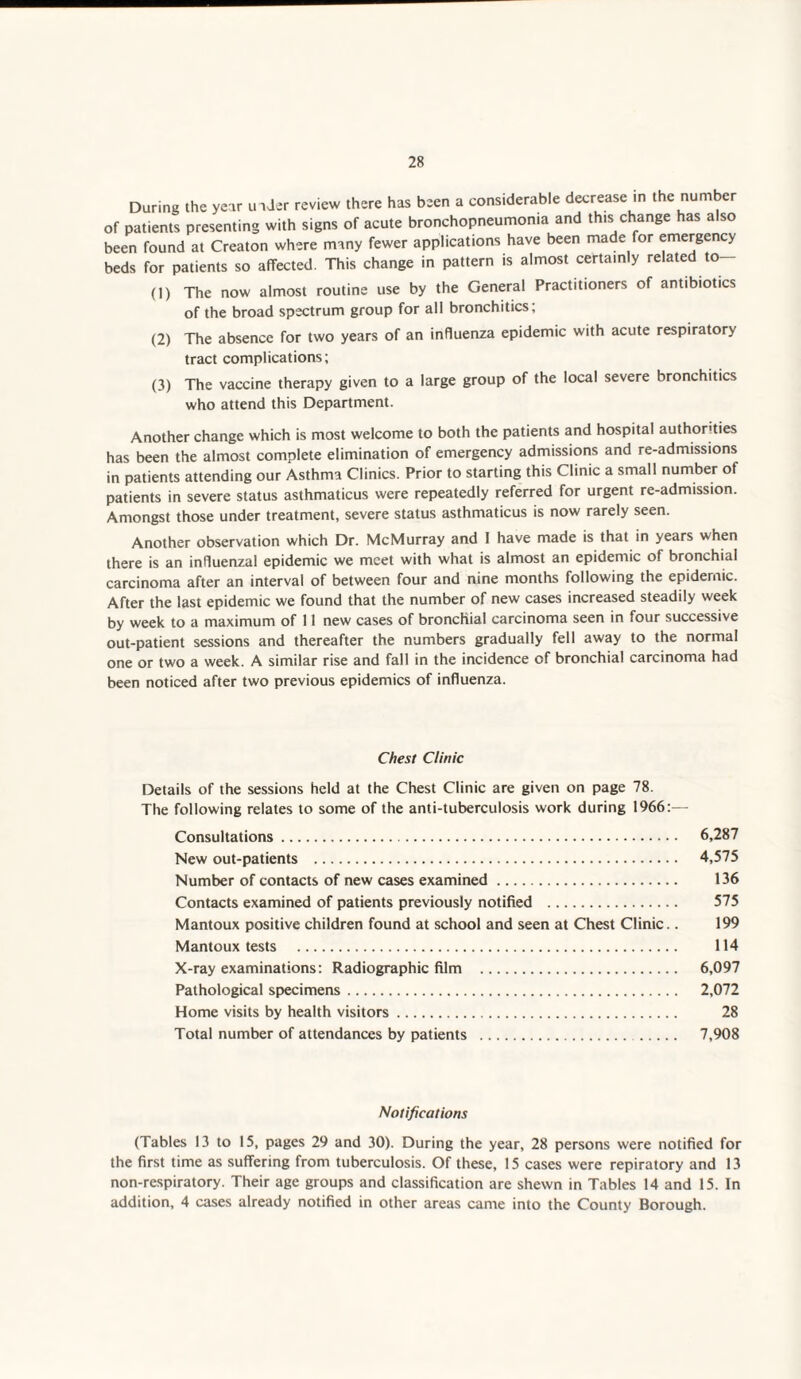During the year under review there has been a considerable decrease in the number of patients presenting with signs of acute bronchopneumonia and this change has also been found at Creaton where many fewer applications have been made for emergency beds for patients so affected. This change in pattern is almost certainly related to (1) The now almost routine use by the General Practitioners of antibiotics of the broad spectrum group for all bronchitics; (2) The absence for two years of an influenza epidemic with acute respiratory tract complications; (3) The vaccine therapy given to a large group of the local severe bronchitics who attend this Department. Another change which is most welcome to both the patients and hospital authorities has been the almost complete elimination of emergency admissions and re-admissions in patients attending our Asthma Clinics. Prior to starting this Clinic a small number of patients in severe status asthmaticus were repeatedly referred for urgent re-admission. Amongst those under treatment, severe status asthmaticus is now rarely seen. Another observation which Dr. McMurray and 1 have made is that in years when there is an influenzal epidemic we meet with what is almost an epidemic of bronchial carcinoma after an interval of between four and nine months following the epidemic. After the last epidemic we found that the number of new cases increased steadily week by week to a maximum of 11 new cases of bronchial carcinoma seen in four successive out-patient sessions and thereafter the numbers gradually fell away to the normal one or two a week. A similar rise and fall in the incidence of bronchial carcinoma had been noticed after two previous epidemics of influenza. Chest Clinic Details of the sessions held at the Chest Clinic are given on page 78. The following relates to some of the anti-tuberculosis work during 1966:— Consultations. 6,287 New out-patients . 4,575 Number of contacts of new cases examined. 136 Contacts examined of patients previously notified . 575 Mantoux positive children found at school and seen at Chest Clinic.. 199 Mantoux tests . 114 X-ray examinations: Radiographic film . 6,097 Pathological specimens. 2,072 Home visits by health visitors. 28 Total number of attendances by patients . 7,908 Notifications (Tables 13 to 15, pages 29 and 30). During the year, 28 persons were notified for the first time as suffering from tuberculosis. Of these, 15 cases were repiratory and 13 non-respiratory. Their age groups and classification are shewn in Tables 14 and 15. In addition, 4 cases already notified in other areas came into the County Borough.