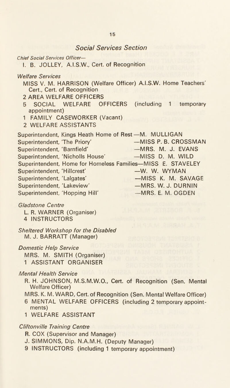 Social Services Section Chief Social Services Officer— I. B. JOLLEY, A.I.S.W., Cert, of Recognition Welfare Services MISS V. M. HARRISON (Welfare Officer) A.I.S.W. Home Teachers' Cert., Cert, of Recognition 2 AREA WELFARE OFFICERS 5 SOCIAL WELFARE OFFICERS (including 1 temporary appointment) 1 FAMILY CASEWORKER (Vacant) 2 WELFARE ASSISTANTS Superintendent, Kings Heath Home of Rest—M. MULLIGAN Superintendent, The Priory’ —MISS P. B. CROSSMAN Superintendent, 'Barnfield' —MRS. M. J. EVANS Superintendent, 'Nicholls House' —MISS D. M. WILD Superintendent, Home for Homeless Families—MISS E. STAVELEY Superintendent, 'Hillcrest' Superintendent, 'Lalgates' Superintendent, 'Lakeview' Superintendent, Hopping Hill' Gladstone Centre L. R. WARNER (Organiser) 4 INSTRUCTORS Sheltered Workshop for the Disabled M. J. BARRATT (Manager) Domestic Help Service MRS. M. SMITH (Organiser) 1 ASSISTANT ORGANISER Mental Health Service R. H. JOHNSON, M.S.M.W.O., Cert, of Recognition (Sen. Mental Welfare Officer) MRS. K. M. WARD, Cert, of Recognition (Sen. Mental Welfare Officer) 6 MENTAL WELFARE OFFICERS (including 2 temporary appoint¬ ments) 1 WELFARE ASSISTANT Cliftonville Training Centre R. COX (Supervisor and Manager) J. SIMMONS, Dip. N.A.M.H. (Deputy Manager) 9 INSTRUCTORS (including 1 temporary appointment) —W. W. WYMAN —MISS K. M. SAVAGE —MRS. W. J. DURNIN —MRS. E. M. OGDEN