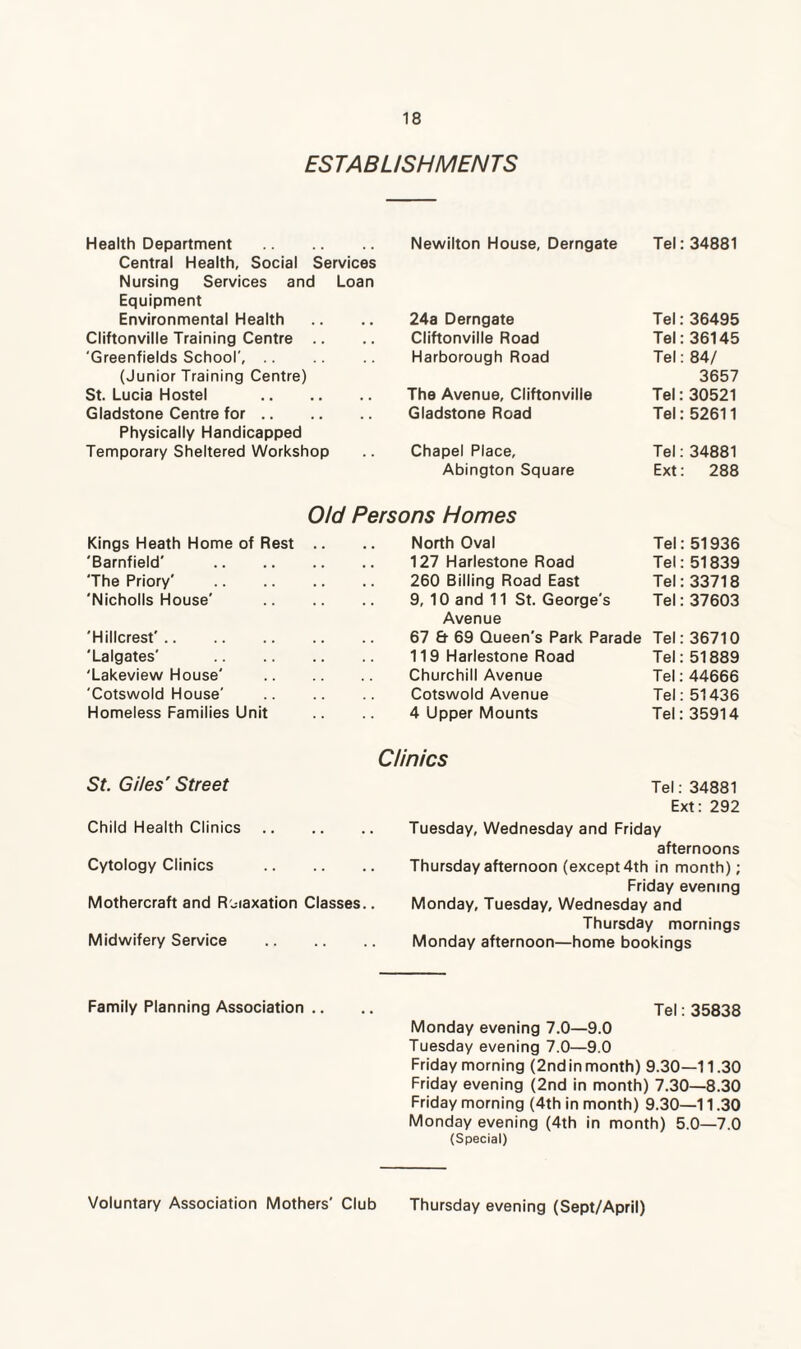ESTABLISHMENTS Health Department . Central Health, Social Services Nursing Services and Loan Equipment Environmental Health Cliftonville Training Centre 'Greenfields School', (Junior Training Centre) St. Lucia Hostel . Gladstone Centre for. Physically Handicapped Temporary Sheltered Workshop Newilton House, Derngate 24a Derngate Cliftonville Road Harborough Road The Avenue, Cliftonville Gladstone Road Chapel Place, Abington Square Tel: 34881 Tel: 36495 Tel: 36145 Tel: 84/ 3657 Tel: 30521 Tel: 52611 Tel: 34881 Ext: 288 Old Persons Homes Kings Heath Home of Rest 'Barnfield' 'The Priory' 'Nicholls House' 'Hillcrest'. 'Lalgates' 'Lakeview House' 'Cotswold House' Homeless Families Unit North Oval Tel: 51936 127 Harlestone Road Tel: 51839 260 Billing Road East Tel: 33718 9, 10 and 11 St. George's Tel: 37603 Avenue 67 & 69 Queen's Park Parade Tel: 36710 119 Harlestone Road Tel: 51889 Churchill Avenue Tel: 44666 Cotswold Avenue Tel: 51436 4 Upper Mounts Tel: 35914 Clinics St. Giles' Street Child Health Clinics Cytology Clinics Mothercraft and Relaxation Classes Midwifery Service Tel: 34881 Ext: 292 Tuesday, Wednesday and Friday afternoons Thursday afternoon (except 4th in month); Friday evening Monday, Tuesday, Wednesday and Thursday mornings Monday afternoon—home bookings Family Planning Association .... Tel: 35838 Monday evening 7.0—9.0 Tuesday evening 7.0—9.0 Friday morning (2ndin month) 9.30—11.30 Friday evening (2nd in month) 7.30—8.30 Friday morning (4th in month) 9.30—11.30 Monday evening (4th in month) 5.0—7.0 (Special) Voluntary Association Mothers' Club Thursday evening (Sept/April)