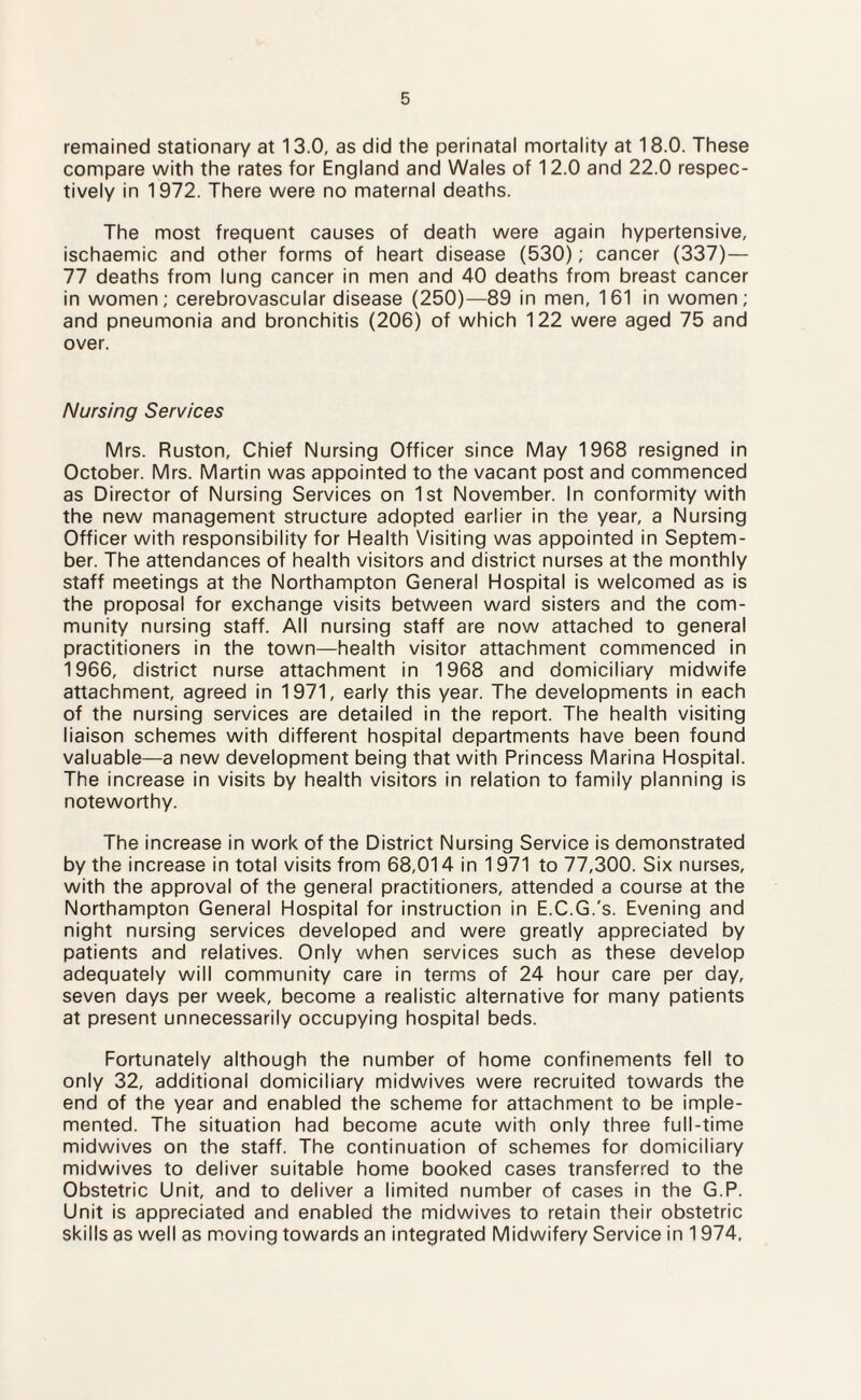 remained stationary at 13.0, as did the perinatal mortality at 18.0. These compare with the rates for England and Wales of 12.0 and 22.0 respec¬ tively in 1972. There were no maternal deaths. The most frequent causes of death were again hypertensive, ischaemic and other forms of heart disease (530); cancer (337)— 77 deaths from lung cancer in men and 40 deaths from breast cancer in women; cerebrovascular disease (250)—89 in men, 161 in women; and pneumonia and bronchitis (206) of which 122 were aged 75 and over. Nursing Services Mrs. Ruston, Chief Nursing Officer since May 1968 resigned in October. Mrs. Martin was appointed to the vacant post and commenced as Director of Nursing Services on 1st November. In conformity with the new management structure adopted earlier in the year, a Nursing Officer with responsibility for Health Visiting was appointed in Septem¬ ber. The attendances of health visitors and district nurses at the monthly staff meetings at the Northampton General Hospital is welcomed as is the proposal for exchange visits between ward sisters and the com¬ munity nursing staff. All nursing staff are now attached to general practitioners in the town—health visitor attachment commenced in 1966, district nurse attachment in 1968 and domiciliary midwife attachment, agreed in 1971, early this year. The developments in each of the nursing services are detailed in the report. The health visiting liaison schemes with different hospital departments have been found valuable—a new development being that with Princess Marina Hospital. The increase in visits by health visitors in relation to family planning is noteworthy. The increase in work of the District Nursing Service is demonstrated by the increase in total visits from 68,014 in 1971 to 77,300. Six nurses, with the approval of the general practitioners, attended a course at the Northampton General Hospital for instruction in E.C.G.'s. Evening and night nursing services developed and were greatly appreciated by patients and relatives. Only when services such as these develop adequately will community care in terms of 24 hour care per day, seven days per week, become a realistic alternative for many patients at present unnecessarily occupying hospital beds. Fortunately although the number of home confinements fell to only 32, additional domiciliary midwives were recruited towards the end of the year and enabled the scheme for attachment to be imple¬ mented. The situation had become acute with only three full-time midwives on the staff. The continuation of schemes for domiciliary midwives to deliver suitable home booked cases transferred to the Obstetric Unit, and to deliver a limited number of cases in the G.P. Unit is appreciated and enabled the midwives to retain their obstetric skills as well as moving towards an integrated Midwifery Service in 1974.