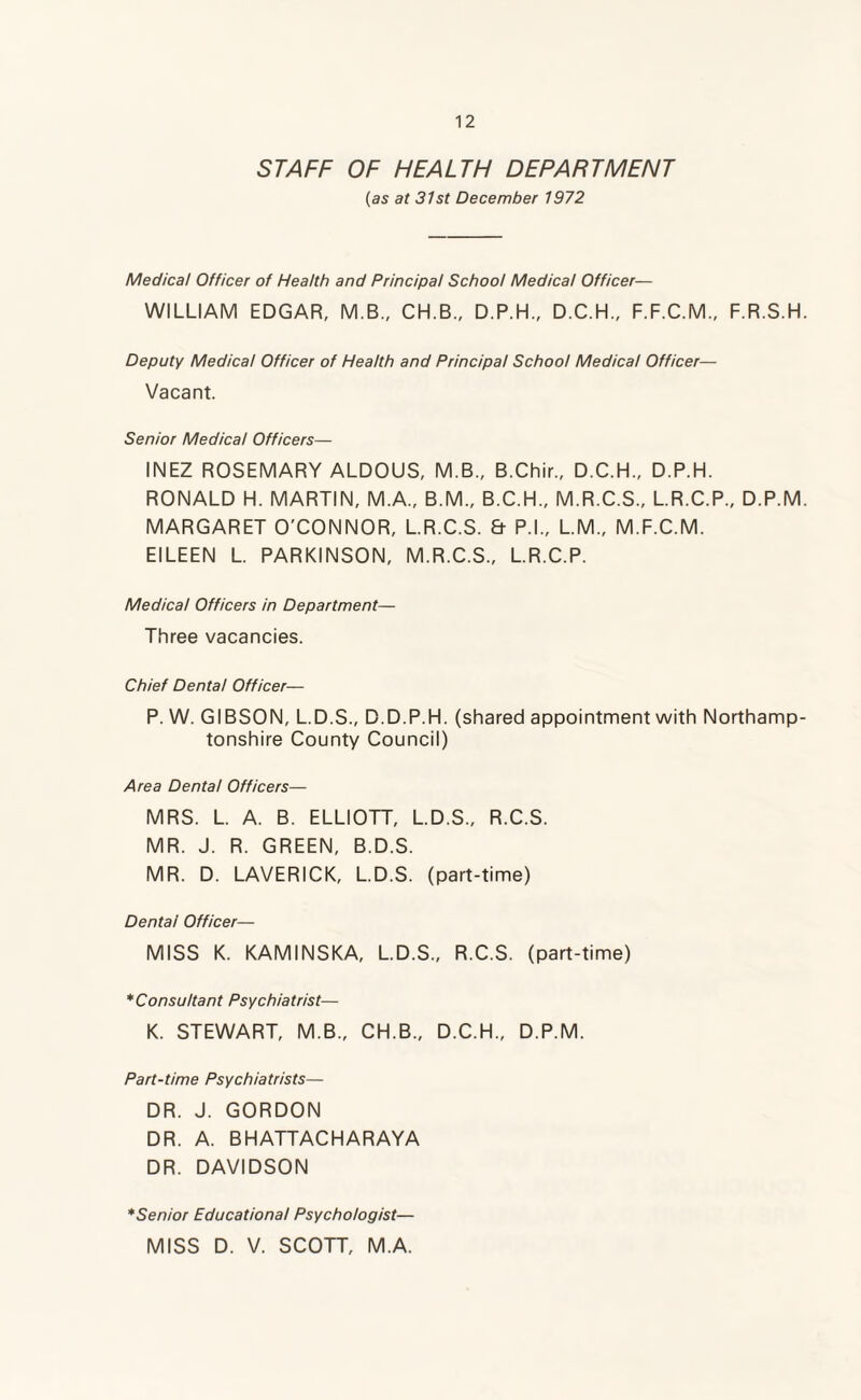 STAFF OF HEALTH DEPARTMENT (as at 31st December 1972 Medical Officer of Health and Principal School Medical Officer— WILLIAM EDGAR, M.B., CH.B., D.P.H., D.C.H., F.F.C.M., F.R.S.H. Deputy Medical Officer of Health and Principal School Medical Officer— Vacant. Senior Medical Officers— INEZ ROSEMARY ALDOUS, M.B., B.Chir., D.C.H., D.P.H. RONALD H. MARTIN, M.A., B.M., B.C.H., M.R.C.S., L.R.C.P., D.P.M. MARGARET O'CONNOR, L.R.C.S. & P.I., L.M., M.F.C.M. EILEEN L. PARKINSON, M.R.C.S., L.R.C.P. Medical Officers in Department— Three vacancies. Chief Dental Officer— P. W. GIBSON, L.D.S., D.D.P.H. (shared appointment with Northamp¬ tonshire County Council) Area Dental Officers— MRS. L. A. B. ELLIOTT, L.D.S., R.C.S. MR. J. R. GREEN, B.D.S. MR. D. LAVERICK, L.D.S. (part-time) Dentai Officer— MISS K. KAMINSKA, L.D.S., R.C.S. (part-time) *Consultant Psychiatrist— K. STEWART, M.B., CH.B., D.C.H., D.P.M. Part-time Psychiatrists— DR. J. GORDON DR. A. BHATTACHARAYA DR. DAVIDSON * Senior Educational Psychologist— MISS D. V. SCOTT, M.A.