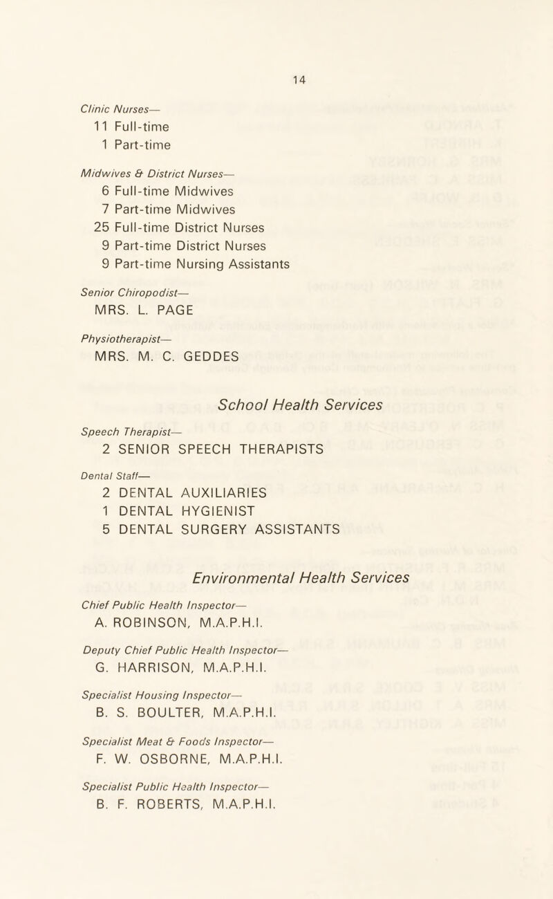 Clinic Nurses— 11 Full-time 1 Part-time Midwives Et District Nurses— 6 Full-time Midwives 7 Part-time Midwives 25 Full-time District Nurses 9 Part-time District Nurses 9 Part-time Nursing Assistants Senior Chiropodist— MRS. L. PAGE Ph ysio therapist— MRS. M. C. GEDDES School Health Services Speech Therapist— 2 SENIOR SPEECH THERAPISTS Dental Staff— 2 DENTAL AUXILIARIES 1 DENTAL HYGIENIST 5 DENTAL SURGERY ASSISTANTS Environmental Health Services Chief Public Health Inspector— A. ROBINSON, M.A.P.H.I. Deputy Chief Public Health Inspector— G. HARRISON, M.A.P.H.I. Specialist Housing Inspector— B. S. BOULTER, M.A.P.H.I. Specialist Meat Et Foods Inspector— F. W. OSBORNE, M.A.P.H.I. Specialist Public Health Inspector— B. F. ROBERTS, M.A.P.H.I.