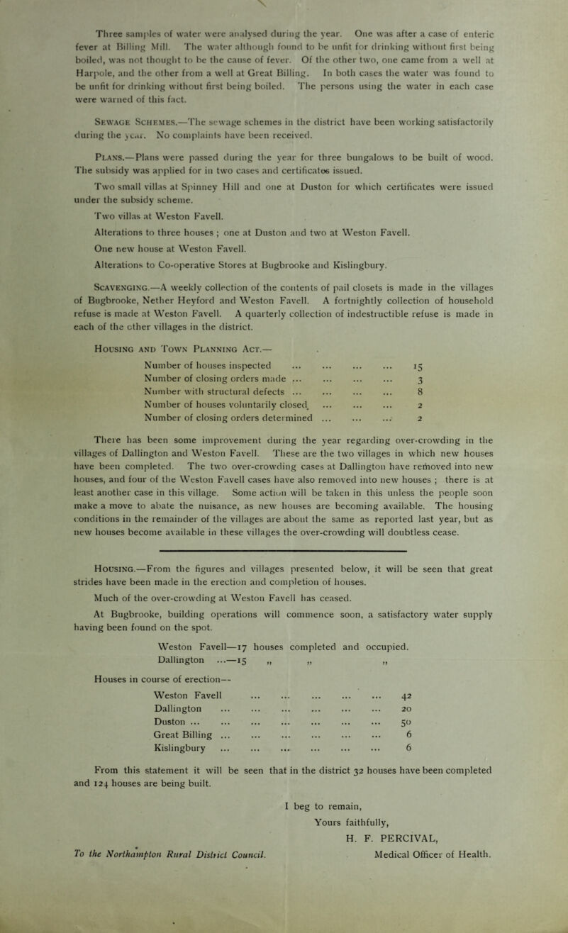 Three samples of water were analysed during the year. One was after a case of enteric fever at Billing Mill. The water although found to be unfit for drinking without first being boiled, was not thought to be the cause of fever. Of the other two, one came from a well at Harpole, and the other from a well at Great Billing. In both cases the water was found to be unfit for drinking without first being boiled. The persons using the water in each case were warned of this fact. Sewage Schemes.—The sewage schemes in the district have been working satisfactorily during the year. No complaints have been received. Plans.— Plans were passed during the year for three bungalows to be built of wood. The subsidy was applied for in two cases and certificates issued. Two small villas at Spinney Hill and one at Duston for which certificates were issued under the subsidy scheme. Two villas at Weston Favell. Alterations to three houses ; one at Duston and two at Weston Favell. One new house at Weston Favell. Alterations to Co-operative Stores at Bugbrooke and Kislingbury. Scavenging.—A weekly collection of the contents of pail closets is made in the villages of Bugbrooke, Nether Heyford and Weston Favell. A fortnightly collection of household refuse is made at Weston Favell. A quarterly collection of indestructible refuse is made in each of the ether villages in the district. Housing and Town Planning Act.— Number of houses inspected ... ... ... ... 15 Number of closing orders made ... ... ... ... 3 Number with structural defects ... ... ... ... 8 Number of houses voluntarily closed. ... ... ... 2 Number of closing orders determined ... ... ... 2 There has been some improvement during the year regarding over-crowding in the villages of Dallington and Weston Favell. These are the two villages in which new houses have been completed. The two over-crowding cases at Dallington have rethoved into new houses, and four of the Weston Favell cases have also removed into new houses ; there is at least another case in this village. Some action will be taken in this unless the people soon make a move to abate the nuisance, as new houses are becoming available. The housing conditions in the remainder of the villages are about the same as reported last year, but as new houses become available in these villages the over-crowding will doubtless cease. Housing.—From the figures and villages presented below, it will be seen that great strides have been made in the erection and completion of houses. Much of the over-crowding at Weston Favell has ceased. At Bugbrooke, building operations will commence soon, a satisfactory water supply having been found on the spot. Weston Favell—17 houses completed and occupied. Dallington ...—15 „ „ „ Houses in course of erection— Weston Favell Dallington Duston ... Great Billing ... Kislingbury 42 20 50 6 6 From this statement it will be seen that in the district 32 houses have been completed and 124 houses are being built. I beg to remain, Yours faithfully, H. F. PERCIVAL, Medical Officer of Health. To the Northampton Rural Distticl Council.