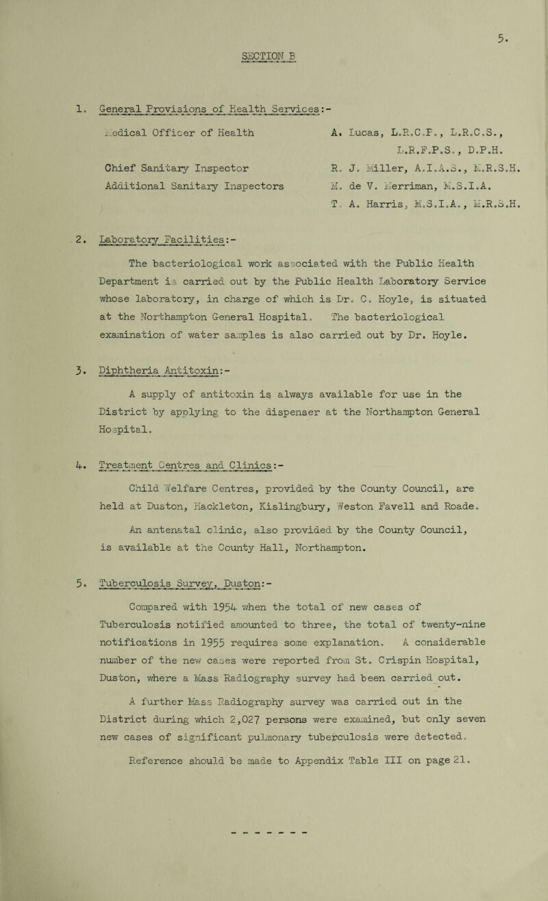 5. SECTION B 1. General Provisions of Health Services Medical Officer of Health Chief Sanitary Inspector Additional Sanitary Inspectors A. Lucas, L.R.C.P., L.R„C,S., L.R.F.P.S., D.P.H. R, Jo Iviiller, A.I.A.S., M.R.S.H Mo de Vo Merriman, M.S.I.A. To A. Harris, M.S.IoAo, M.R.S.H 2. Laboratory Facilities: - The bacteriological work associated with the Public Health Department is carried out by the Public Health Laboratory Service whose laboratory, in charge of which is Dr. C. Hoyle, is situated at the Northampton General Hospital. The bacteriological examination of water samples is also carried out by Dr. Hoyle. 3• Diphtheria Antitoxin:- A supply of antitoxin is always available for use in the District by applying to the dispenser at the Northampton General Hospital. A. Treatment Centres and Clinics :- Child Welfare Centres, provided by the County Council, are held at Duston, Hackleton, Kislingbury, Yfeston Pavell and Roade. An antenatal clinic, also provided by the County Council, is available at the County Hall, Northampton. 5o Tuberculosis Survey, Duston:- Compared with 1954 when the total of new cases of Tuberculosis notified amounted to three, the total of twenty-nine notifications in 1955 requires some explanation. A considerable number of the new cases were reported from St. Crispin Hospital, Duston, where a Mass Radiography survey had been carried out. A further Mass Radiography survey was carried out in the District during which 2,027 persons were examined, but only seven new cases of significant pulmonary tuberculosis v/ere detected.