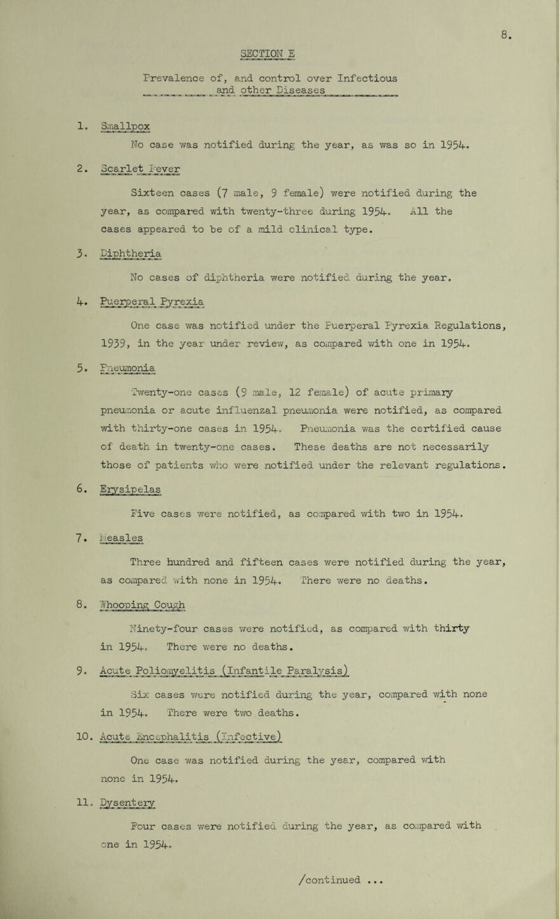 8. SECTION E Prevalence of, and control over Infectious . and other Diseases 1. Smallpox No case was notified during the year, as was so in 1954. 2. Scarlet Never Sixteen cases (7 male, 9 female) were notified during the year, as compared with twenty-three during 1954. All the cases appeared to be of a mild clinical type. 3. Diphtheria No cases of diphtheria were notified during the year. 4. Puerperal Pyrexia One case was notified under the Puerperal Pyrexia Regulations, 1939, in the year under review, as compared with one in 1954. 5. Pneumonia 'Twenty-one cases (9 male, 12 female) of acute primary pneumonia or acute influenzal pneumonia were notified, as compared with thirty-one cases in 1954- Pneumonia was the certified cause of death in twenty-one cases. These deaths are not necessarily those of patients who were notified under the relevant regulations. Five cases were notified, as compared with two in 1954. 7. measles Three hundred and fifteen cases were notified during the year, as compared with none in 1954. There were no deaths. Ninety-four cases were notified, as compared with thirty in 1954. There were no deaths. 9. Acute Poliomyelitis__(lnfanti 1 e_ Paralysis/ Six cases were notified during the year, compared with none in 1954. There were two deaths. 10. Acute Encephalitis _(ln_factive) One case was notified during the year, compared with none in 1954. Four cases were notified during the year, as compared with one in 1954. /continued ...