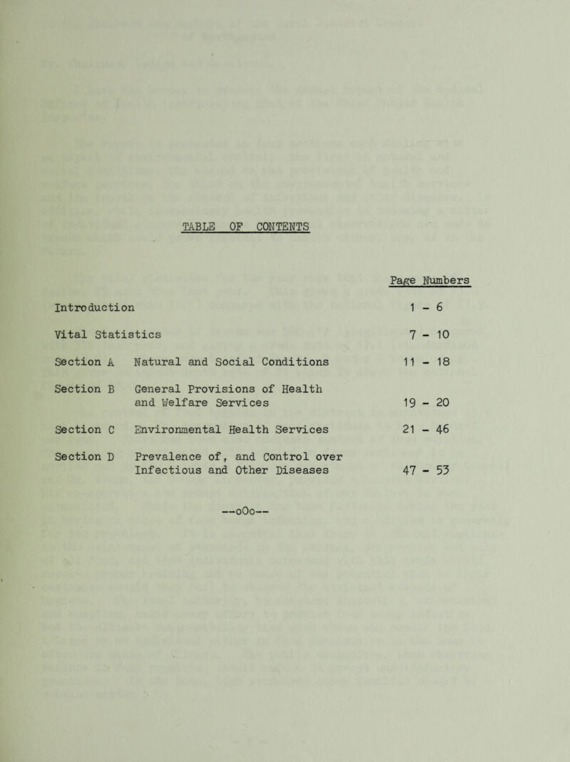 TABLE OF CONTENTS Page Numbers Introduction 1 - 6 Vital Statistics 7-10 Section A Natural and Social Conditions 11 - 18 Section B General Provisions of Health and WeIfare Services 19 - 20 Section C Environmental Health Services 21 - 46 Section D Prevalence of, and Control over Infectious and Other Diseases 47 - 53 —0O0—