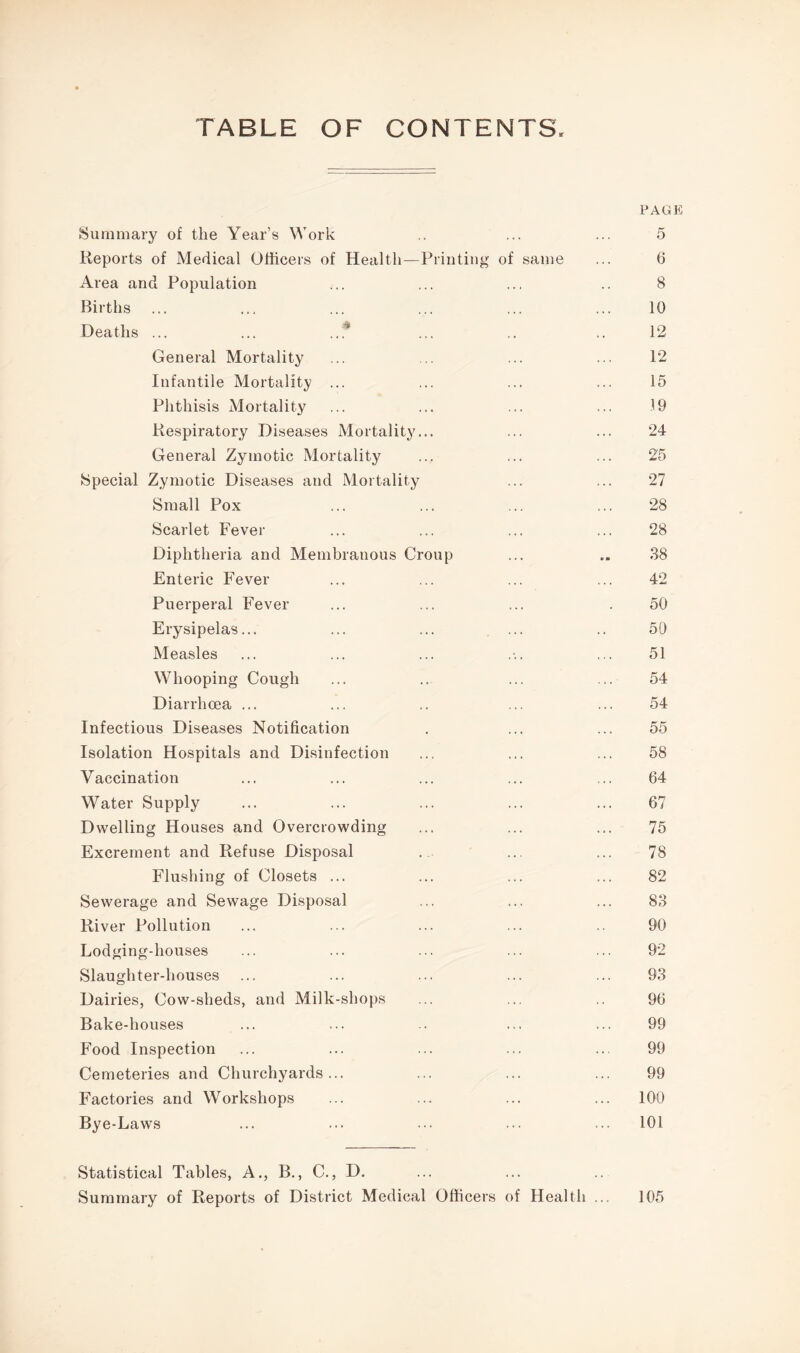 TABLE OF CONTENTS, PAGE Summary of the Year’s Work ... 5 Reports of Medical Officers of Health—Printing of same 6 Area and Population 8 Births 10 Deaths ... ... 12 General Mortality 12 Infantile Mortality ... 15 Phthisis Mortality 19 Respiratory Diseases Mortality... 24 General Zymotic Mortality 25 Special Zymotic Diseases and Mortality 27 Small Pox 28 Scarlet Fever 28 Diphtheria and Membranous Croup « • « « ■ 38 Enteric Fever 42 Puerperal Fever 50 Erysipelas... 50 Measles 51 Whooping Cough 54 Diarrhoea ... 54 Infectious Diseases Notification 55 Isolation Hospitals and Disinfection 58 Vaccination 64 Water Supply 67 Dwelling Houses and Overcrowding 75 Excrement and Refuse Disposal 78 Flushing of Closets ... 82 Sewerage and Sewage Disposal 83 River Pollution 90 Lodging-houses 92 Slaughter-houses 93 Dairies, Cow-sheds, and Milk-shops 96 Bake-houses 99 Food Inspection 99 Cemeteries and Churchyards... 99 Factories and Workshops 100 Bye-Laws 101 Statistical Tables, A., B., C., D. 1 • •