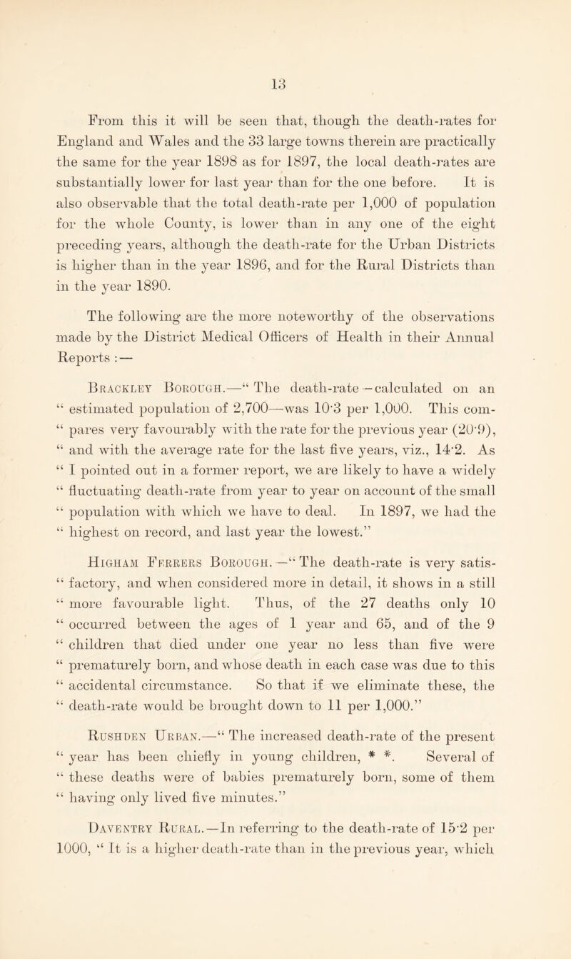 From this it will be seen that, though the death-rates for England and Wales and the 33 large towns therein are practically the same for the year 1898 as for 1897, the local death-rates are substantially lower for last yeai’ than for the one before. It is also observable that the total death-rate per 1,000 of population for the whole County, is lower than in any one of the eight preceding years, although the death-rate for the Urban Districts is higher than in the year 1896, and for the Rural Districts than in the year 1890. The following are the more noteworthy of the observations made by the District Medical Officers of Health in their Annual Reports : — Brackley Borough.—“The death-rate—calculated on an “ estimated population of 2,700—was 10'3 per 1,000. This com- “ pares very favourably with the rate for the previous year (20'9), “ and with the average rate for the last five years, viz., 14'2. As “ I pointed out in a former report, we are likely to have a widely “ fiuctuating death-rate from year to year on account of the small “ population with wdiich we have to deal. In 1897, we had the “ highest on record, and last year the lowest.” Higham Ferrers Borough.—“The death-rate is very satis- “ factory, and when considered more in detail, it shows in a still “ more favourable light. Thus, of the 27 deaths only 10 “ occurred between the ages of 1 year and 65, and of the 9 “ children that died under one year no less than five were “ prematurely born, and whose death in each case w^as due to this “ accidental circumstance. So that if we eliminate these, the “ death-rate would be brought down to 11 per 1,000.” Rush DEN Urban.—“ The increased death-rate of the present “ year has been chiefly in young children, * *. Several of “ these deaths were of babies prematurely born, some of them “ having only lived five minutes.” Daventry Rural.—In referring to the death-rate of 15'2 per 1000, “ It is a higher death-rate than in the previous year, which