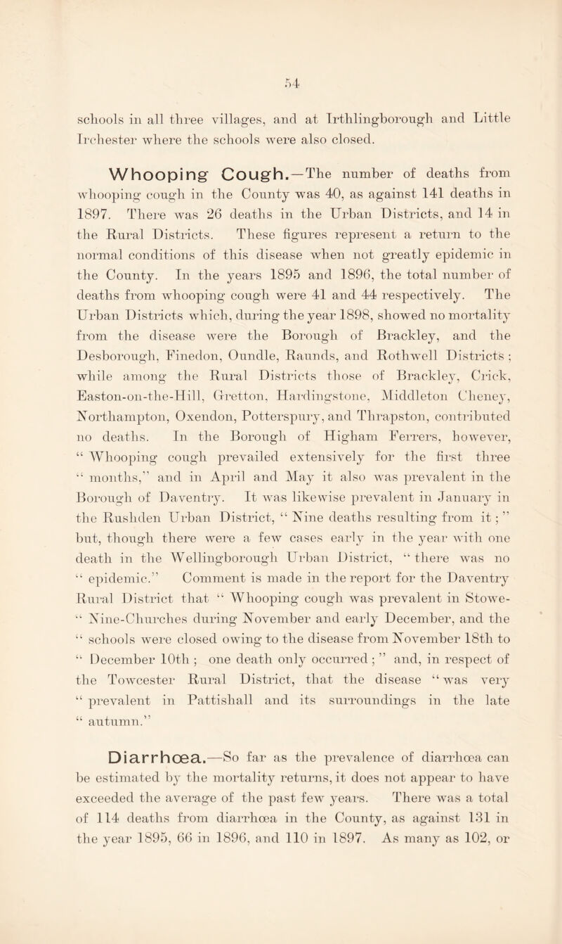 schools ill all three villages, and at Trthlinghorongh and Little Irchester where the schools were also closed. Whooping Cough, — The number of deaths from whooping cough in the County was 40, as against 141 deaths in 1897. There was 26 deaths in the Urban Districts, and 14 in the Rural Districts. These figures represent a return to the normal conditions of this disease when not greatly epidemic in the County. In the years 1895 and 1896, the total number of deaths from whooping cough were 41 and 44 respectively. The Urban Districts which, during the year 1898, showed no mortality from the disease were the Borough of Brackley, and the Desborough, Finedon, Oundle, Raunds, and Rothwell Districts ; while among the Rural Districts those of Brackley, Crick, Easton-on-the-Hill, Glretton, Hardingstone, Middleton Cheney, Northampton, Oxendon, Potterspury, and Thrapston, contilbuted no deaths. In the Borough of Higham Ferrers, however, “ Whooping cough prevailed extensively for the first three “ months,” and in April and May it also was prevalent in the Borough of Daventry. It was likewise prevalent in January in the Rushden Urban District, “ Nine deaths resulting from it; ” but, though there were a few cases early in the year with one death in the Wellingborough Urban District, “ there was no “ epidemic.” Comment is made in the report for the Daventry Rui*al District that “ Whooping cough was prevalent in Stow^e- Nine-Churches during November and early December, and the “ schools were closed owdng to the disease from November 18th to “ December 10th ; one death only occurred ; ” and, in respect of the Towcester Rural District, that the disease “was very “ prevalent in Pattishall and its surroundings in the late “ autumn.” Dia.rrhOG3..—So far as the prevalence of diarrhoea can be estimated by the mortality returns, it does not appear to have exceeded the average of the past few^ years. There was a total of 114 deaths from diarrhoea in the County, as against 131 in the year 1895, 66 in 1896, and 110 in 1897. As many as 102, or