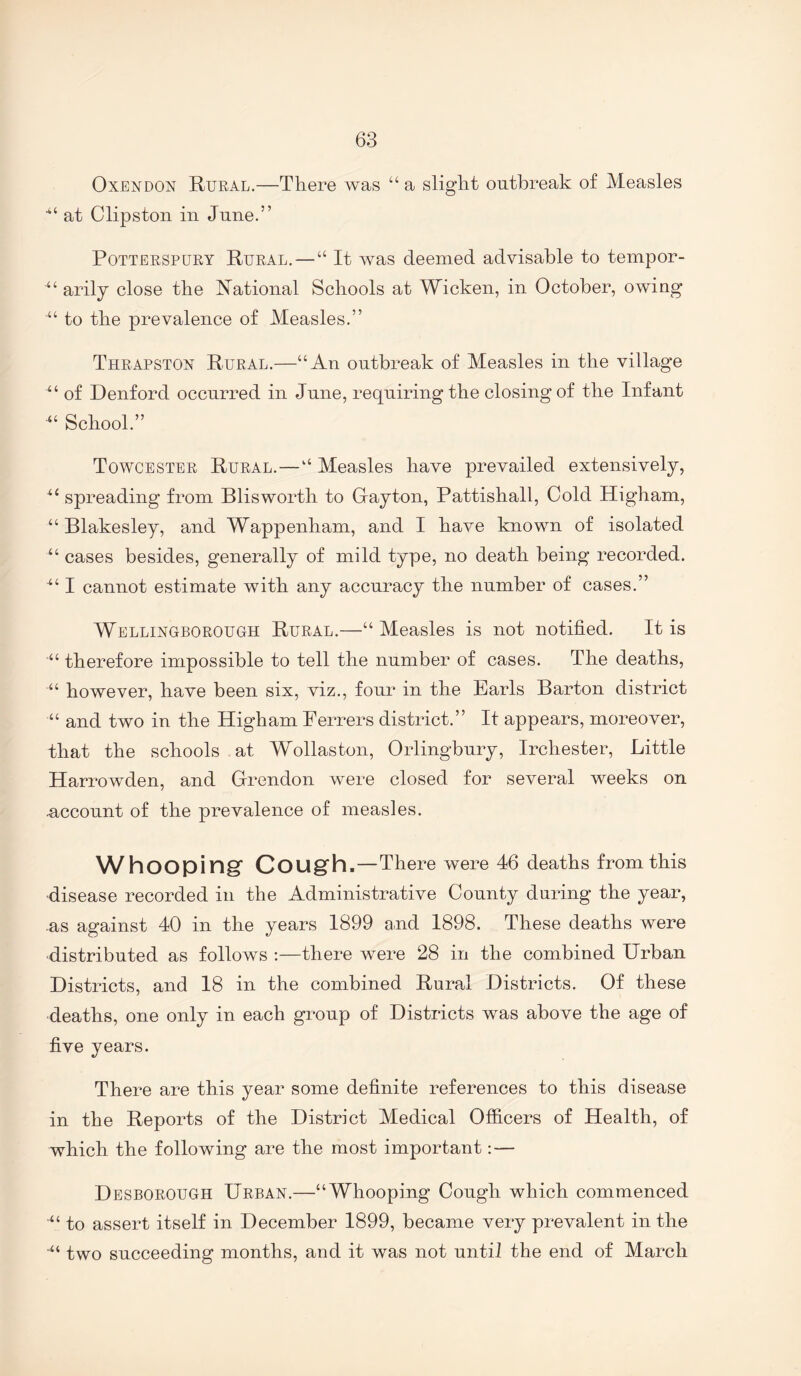 OxENDON Rural.—There was “ a slight outbreak of Measles at Clipston in June.” PoTTERSPURY Rural. — “ It was deemed advisable to tempor- “ arily close the Rational Schools at Wicken, in October, owing “ to the prevalence of Measles.” Thrapston Rural.—“An outbreak of Measles in the village “ of Denford occurred in June, requiring the closing of the Infant “ School.” Towcester Rural.—“ Measles have prevailed extensively, spreading from Blisworth to Glayton, Pattishall, Cold Higham, “ Blakesley, and Wappenham, and I have known of isolated cases besides, generally of mild type, no death being recorded. I cannot estimate with any accuracy the number of cases.” Wellingborough Rural.—“ Measles is not notified. It is “ therefore impossible to tell the number of cases. The deaths, “ however, have been six, viz., four in the Earls Barton district “ and two in the Higham Ferrers district.” It appears, moreover, that the schools at Wollaston, Orlingbury, Irchester, Little Harrowden, and Crendon were closed for several weeks on uccount of the prevalence of measles. hooping Cough.—There were 46 deaths from this •disease recorded in the Administrative County during the year, as against 40 in the years 1899 and 1898. These deaths were distributed as follows :—there were 28 in the combined Urban Districts, and 18 in the combined Rural Districts. Of these deaths, one only in each group of Districts was above the age of five years. There are this year some definite references to this disease in the Reports of the District Medical Officers of Health, of which the following are the most important: — Desborough Urban.—“Whooping Cough which commenced to assert itself in December 1899, became very prevalent in the two succeeding months, and it was not until the end of March