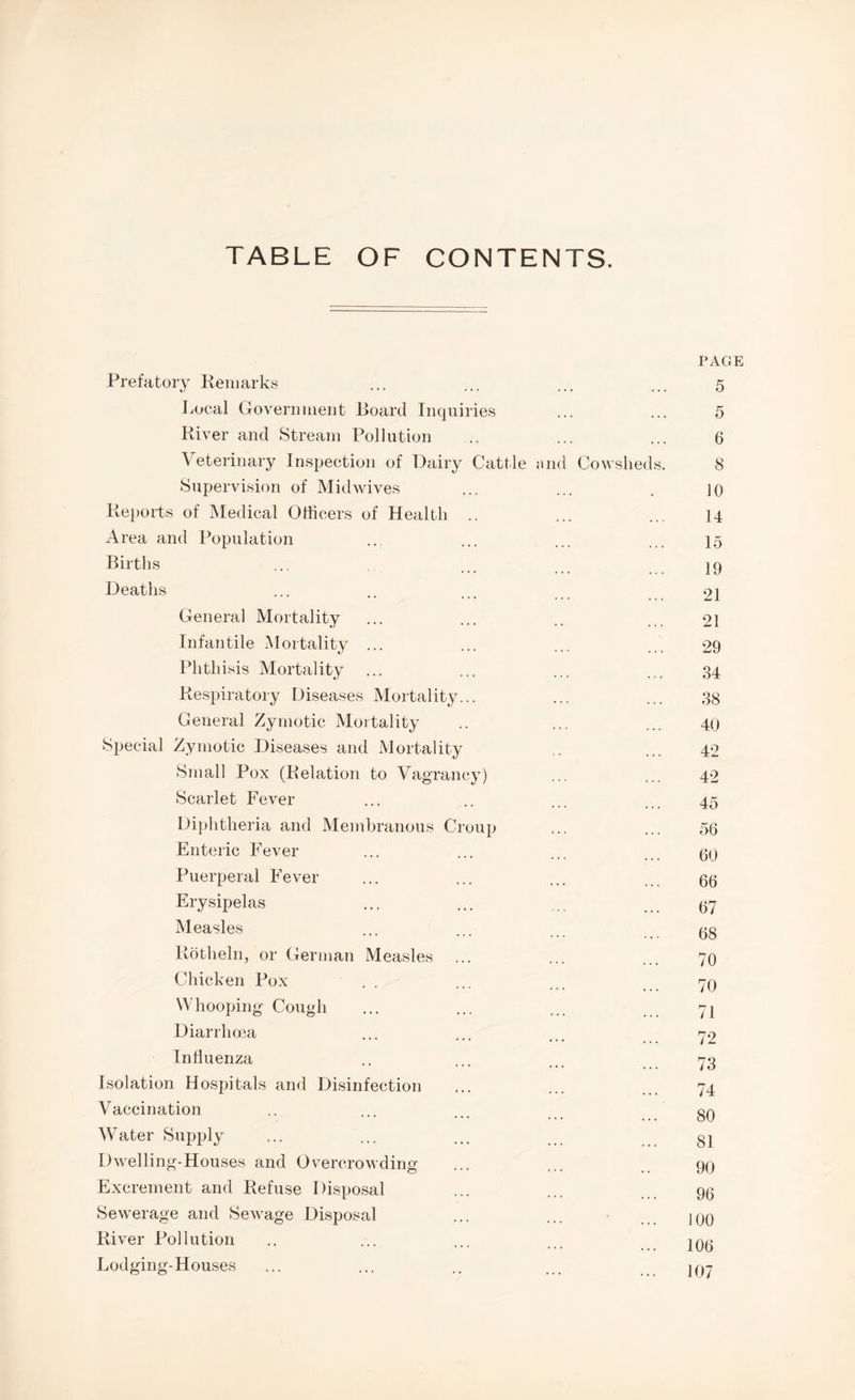 TABLE OF CONTENTS. PAGE Prefatory Remarks ... ... ... ... 5 Local Government Board Inquiries ... ... 5 River and Stream Pollution .. ... ... 6 Veterinary Inspection of Dairy Cattle ;uid Cowsheds. 8 Supervision of Midwives ... ... . ]0 Reports of Medical Officers of Health .. ... ... 14 Area and Population ... ... ... 15 Births ... ... 19 Deaths ... .. ... 21 General Mortality ... ... .. ... 2I Infantile Mortality ... ... ... 29 Phthisis Mortality ... ... ... ... 34 Respiratory Diseases Mortality... ... ... 38 General Zymotic Mortality .. ... ... 40 Special Zymotic Diseases and Mortality .. ... 42 Small Pox (Relation to Vagrancy) ... ... 42 Scarlet Fever ... .. ... 45 Diphtheria and Membranous Croup ... ... 56 Enteric Fever ... ... ... 09 Puerperal Fever ... ... ... 00 Erysipelas ... ... .. ... 07 Measles ... ... ... _ Rotheln, or German Measles ... ... ... 70 Chicken Pox . . ... ... 79 Whooping Cough ... ... ... 71 Diarrhma ... ... ... 72 Influenza .. ... ... 73 Isolation Hospitals and Disinfection ... ... 74 Vaccination .. ... ... g9 \Vater Supply ... ... ... gl Dwelling-Houses and Overcrowding ... ... 99 Excrement and Refuse Disposal ... ... 99 Sewerage and Sewage Disposal ... ... ... 199 River Pollution .. ... ... . J99 Lodging-Houses ... ... .. ... 197