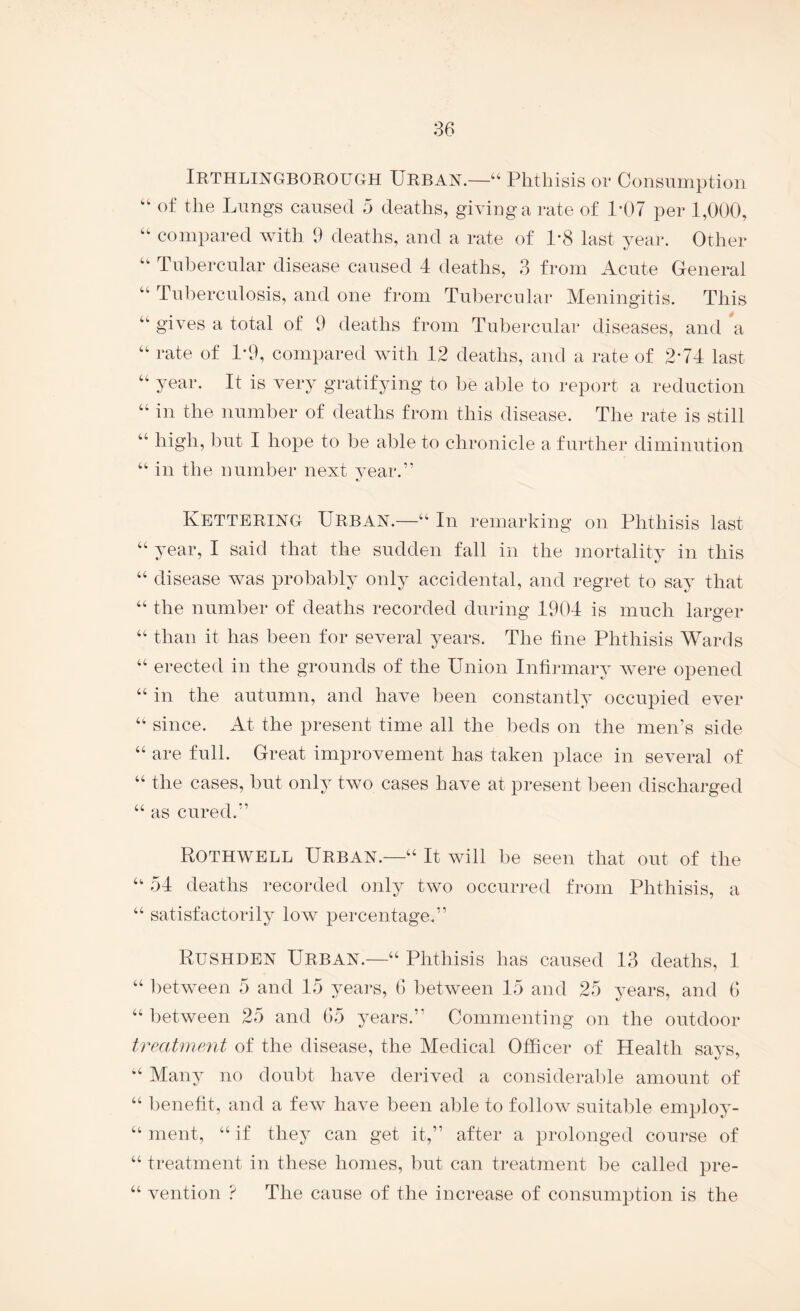 Irthlingborough Urban.—“ Phthisis or Consumption of the Lungs caused 5 deaths, giving a rate of 1-07 per 1,000, ‘‘ compared with 9 deaths, and a rate of 1*8 last year. Other “ Tnbercnlar disease caused 4 deaths, 3 from Acute General “■ Tuberculosis, and one from Tubercular Meningitis. This “ gives a total of 9 deaths from Tubercular diseases, and a “ rate of 1*9, compared with 12 deaths, and a rate of 274 last “ year. It is very gratifying to be aide to report a reduction “ in the number of deaths from this disease. The rate is still “ high, but I hope to be able to chronicle a further diminution “ in the number next vear.” t. Kettering Urban.—“ In remarking on Phthisis last “ year, I said that the sudden fall in the mortality in this “ disease was probably only accidental, and regret to say that “ the number of deaths recorded during 1904 is much larger “ than it has been for several years. The fine Phthisis Wards “ erected in the grounds of the Union Infirmary were opened “ in the autumn, and have been constantly occupied ever “ since. At the present time all the beds on the men’s side “ are full. Great improvement has taken place in several of “ the cases, but only two cases have at present been discharged “ as cured.” Rothwell Urban.—“ It will be seen that out of the 54 deaths recorded only two occurred from Phthisis, a “ satisfactorily low percentage.” Rushden Urban.—“ Phthisis has caused 13 deaths, 1 “ ])etween 5 and 15 years, 6 between 15 and 25 years, and 6 “ between 25 and 65 years.” Commenting on the outdoor treatment of the disease, the Medical Officer of Health says, Many no doubt have derived a considerable amount of “ l)enefit, and a few have been able to follow suitable employ- “ ment, “ if they can get it,” after a prolonged course of “ treatment in these homes, but can treatment be called pre- “ vention ? The cause of the increase of consumption is the