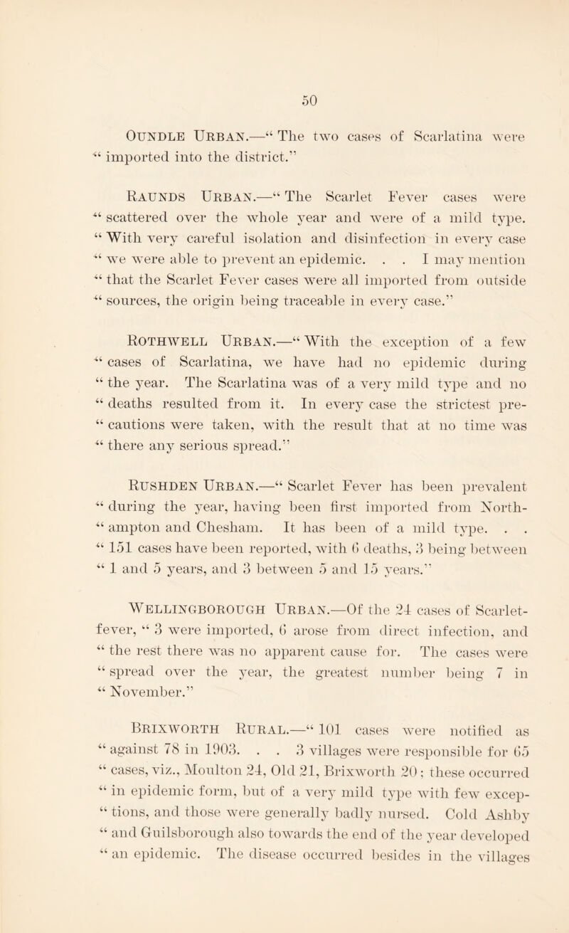 OUNDLE Ueban.—“ The two cases of Scarlatina were imported into the district.” Raunds Urban.—“ The Scarlet Fever cases were “ scattered over the whole year and were of a mild type. “ With very careful isolation and disinfection in every case ‘‘ we were able to prevent an epidemic. . . I may mention “ that the Scarlet Fever cases were all imported from outside sources, the origin l)eing traceable in every case.” Roth WELL Urban.—“ With the exception of a few cases of Scarlatina, we have had no epidemic during “ the year. The Scarlatina was of a vei*} mild type and no “ deaths resulted from it. In every case the strictest pre- “ cautions were taken, with the result that at no time was “ there any serious spread.” Rushden Urban.—“ Scarlet Fever has been prevalent ‘‘ during the year, having been first imported from North- “ ampton and Cheshani. It has been of a mild type. . . 151 cases have been reported, wdth G deaths, being between 1 and 5 years, and 3 between 5 and 15 years.” Wellingborough Urban.—Of the 24 cases of Scarlet- fever, 3 were imported, G arose from direct infection, and the rest there was no apparent cause for. The cases were “ spread over the year, the greatest ]iuml)er l)eing 7 in November.” Brixworth Rural.—“ 101 cases were notified as “ against 78 in 1903. . . 3 villages were responsible for G5 “ cases, viz., Moulton 24, Old 21, Brixworth 20 ; these occurred “ in epidemic form, but of a very mild type with few excep- “ tions, and those were generally badly nursed. Cold Ashby “ and Guilsborough also towards the end of the year developed “ an epidemic. The disease occurred l)esides in the villages