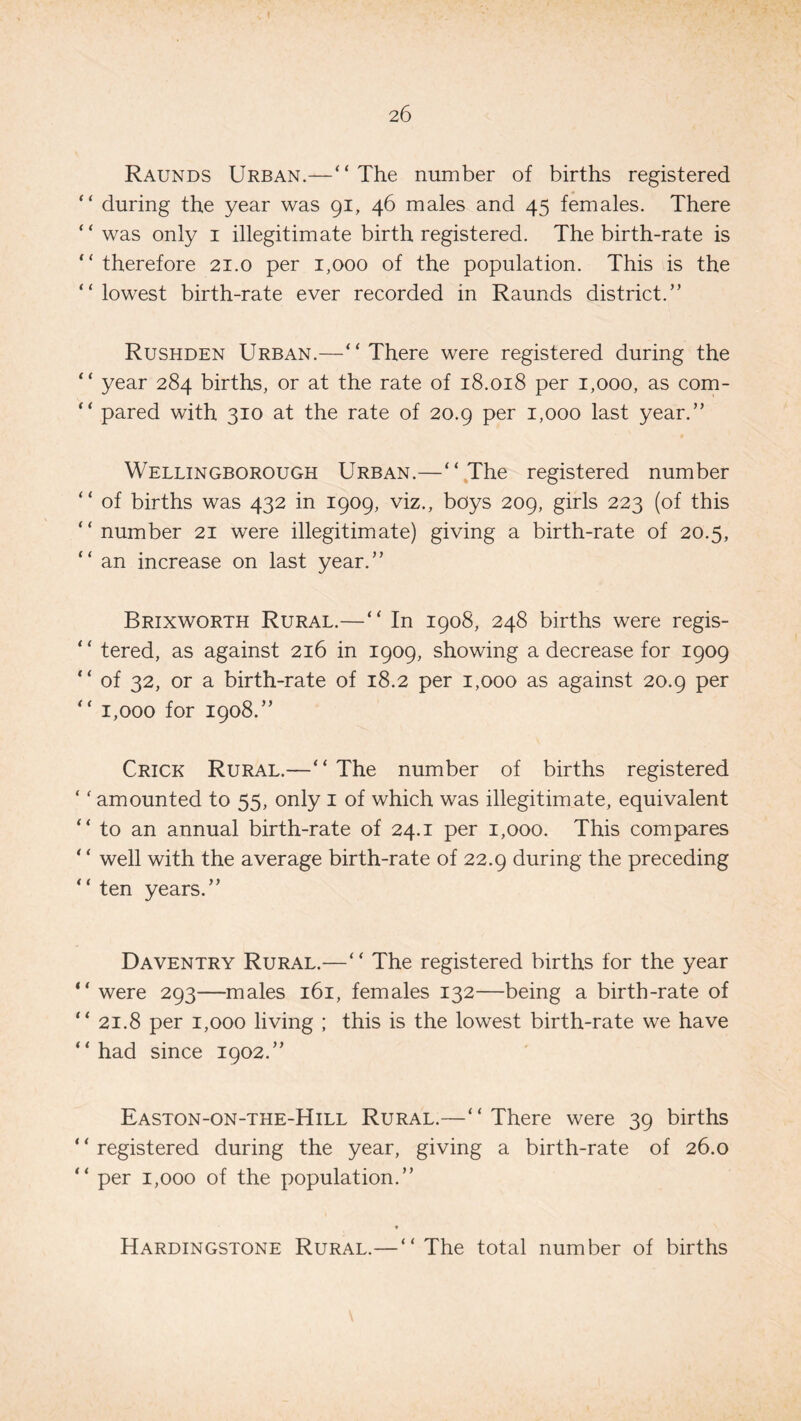 Raunds Urban.—“The number of births registered “ during the year was 91, 46 males and 45 females. There “was only 1 illegitimate birth registered. The birth-rate is “ therefore 21.0 per 1,000 of the population. This is the “lowest birth-rate ever recorded in Raunds district.” Rushden Urban.—“There were registered during the “ year 284 births, or at the rate of 18.018 per 1,000, as com- “ pared with 310 at the rate of 20.9 per 1,000 last year.” Wellingborough Urban.—“The registered number “ of births was 432 in 1909, viz., boys 209, girls 223 (of this “number 21 were illegitimate) giving a birth-rate of 20.5, “ an increase on last year.” Brixworth Rural.—“ In 1908, 248 births were regis- “ tered, as against 216 in 1909, showing a decrease for 1909 “ of 32, or a birth-rate of 18.2 per 1,000 as against 20.9 per “ 1,000 for 1908.” Crick Rural.—“The number of births registered ‘ ' amounted to 55, only 1 of which was illegitimate, equivalent “to an annual birth-rate of 24.1 per 1,000. This compares ‘ ‘ well with the average birth-rate of 22.9 during the preceding ‘‘ ten years.” Daventry Rural.—‘ ‘ The registered births for the year “ were 293—males 161, females 132—being a birth-rate of “ 21.8 per 1,000 living ; this is the lowest birth-rate we have “had since 1902.” Easton-on-the-Hill Rural.—“There were 39 births “registered during the year, giving a birth-rate of 26.0 “ per 1,000 of the population.” Hardingstone Rural.—“The total number of births