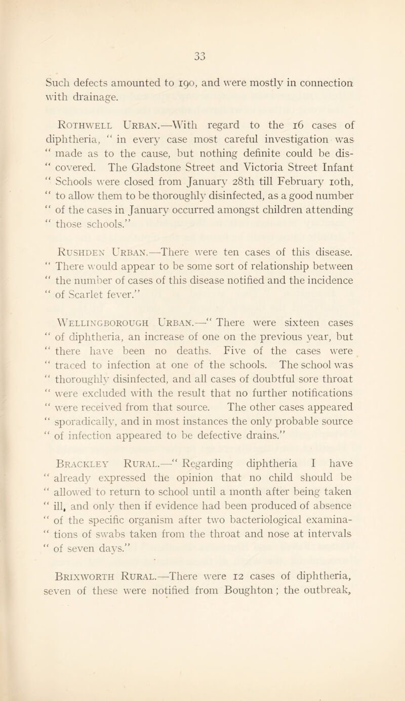 Such defects amounted to 190, and were mostly in connection with drainage. Rothwell Urban.—With regard to the 16 cases of diphtheria, “in every case most careful investigation was “ made as to the cause, but nothing definite could be dis¬ covered. The Gladstone Street and Victoria Street Infant “ Schools were closed from January 28th till February loth, “ to allow them to be thoroughly disinfected, as a good number “ of the cases in January occurred amongst children attending those schools.” Rushden Urban.,—There were ten cases of this disease. “ There would appear to be some sort of relationship between “ the number of cases of this disease notified and the incidence “ of Scarlet fever.” WTllingborough Urban.—“ There were sixteen cases “ of diphtheria, an increase of one on the previous year, but “ there have been no deaths. Five of the cases were “ traced to infection at one of the schools. The school was “ thoroughly disinfected, and all cases of doubtful sore throat “ were excluded with the result that no further notihcations “ were received from that source. The other cases appeared “ sporadically, and in most instances the only probable source “ of infection appeared to be defective drains.” Brackley Rural.—“ Regarding diphtheria I have “ already expressed the opinion that no child should be “ allowed to return to school until a month after being taken “ ill, and only then if evidence had been produced of absence “ of the specific organism after two bacteriological examina- “ tions of swabs taken from the throat and nose at intervals “ of seven days.” Brixworth Rural.—There were 12 cases of diphtheria, seven of these were notified from Boughton; the outbreak.