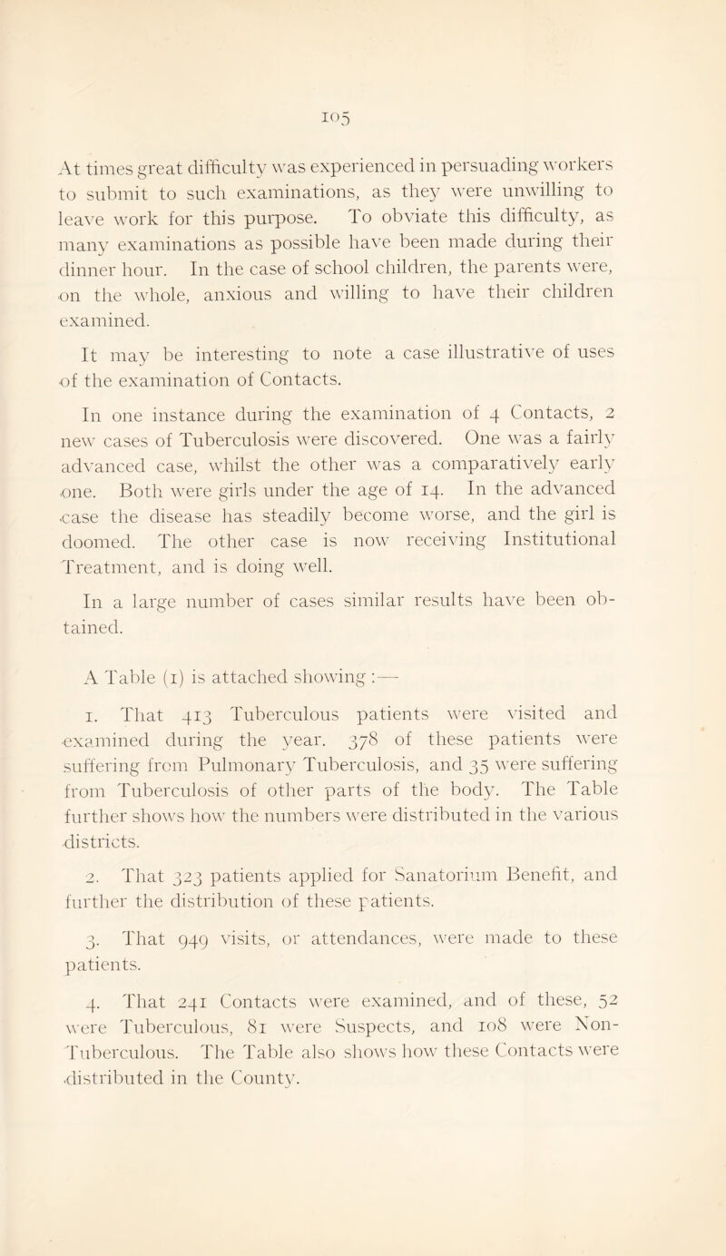 At times great difficulty was experienced in persuading workers to submit to such examinations, as they were unwilling to leave work for this purpose. To obviate this difficulty, as many examinations as possible have been made during their dinner hour. In the case of school children, the parents were, on the whole, anxious and willing to have their children examined. It may be interesting to note a case illustrative of uses of the examination of Contacts. In one instance during the examination of 4 Contacts, 2 new cases of Tuberculosis were discovered. One was a fairly advanced case, whilst the other was a comparatively early one. Both were girls under the age of 14. In the advanced ■case the disease has steadily become worse, and the girl is doomed. The other case is now receiving Institutional Treatment, and is doing well. In a large number of cases similar results have been ob¬ tained. A Table (i) is attached showing ; — 1. That 413 Tuberculous patients were visited and •examined during the year. 378 of these patients were suffering from Pulmonary Tuberculosis, and 35 were suffering from Tuberculosis of other parts of the body. The Table further shows how the numbers were distributed in the various districts. 2. That 323 patients applied for Sanatorium Beneht, and further the distribution of these patients. 3. That 949 visits, or attendances, were made to these patients. 4. That 241 Contacts were examined, and of these, 52 were Tuberculous, 81 v^ere Suspects, and 108 were Non- Tuberculous. The Table also sliows how these Contacts were distributed in the County.