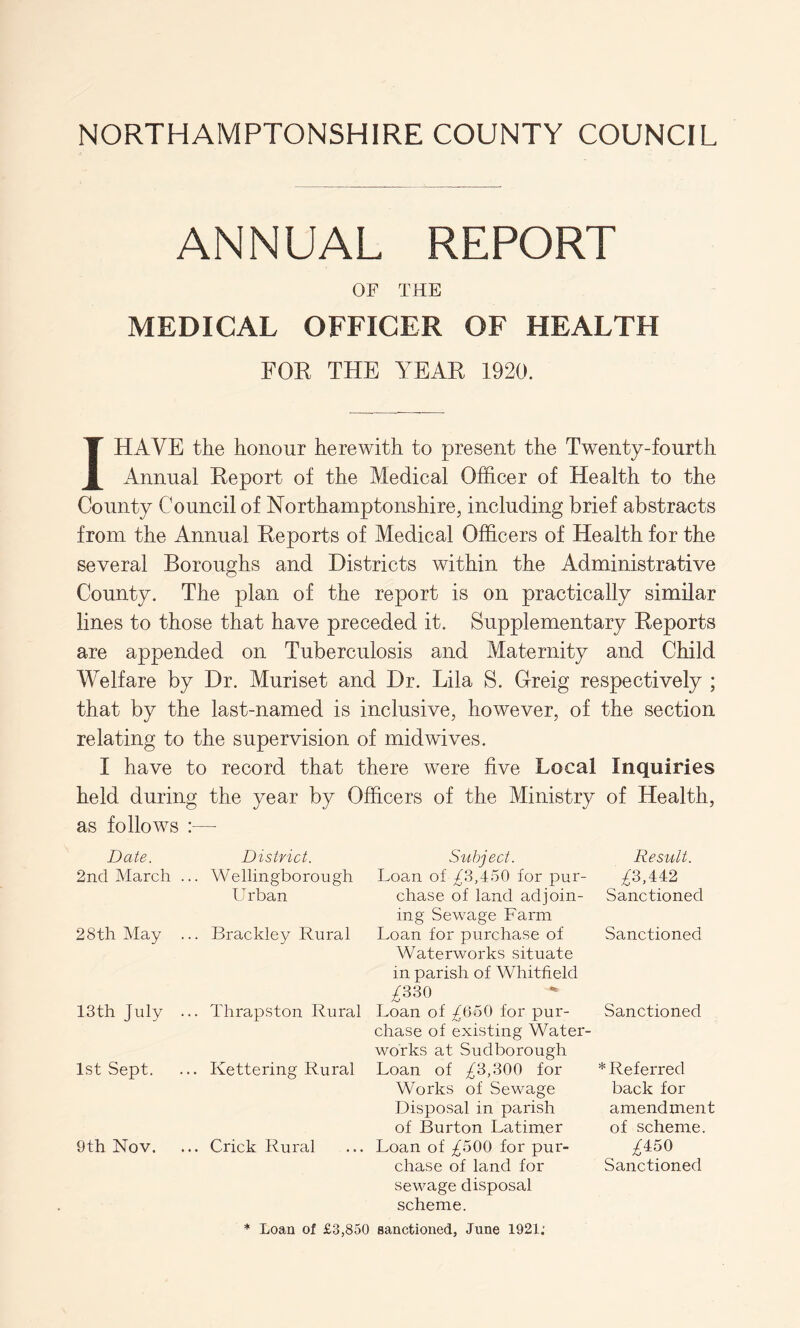 ANNUAL REPORT OF THE MEDICAL OFFICER OF HEALTH FOR THE YEAR 1920. 1HAVE the honour herewith to present the Twenty-fourth Annual Report of the Medical Officer of Health to the County Council of Northamptonshire, including brief abstracts from the Annual Reports of Medical Officers of Health for the several Boroughs and Districts within the Administrative County. The plan of the report is on practically similar lines to those that have preceded it. Supplementary Reports are appended on Tuberculosis and Maternity and Child Welfare by Dr. Muriset and Dr. Lila S. Greig respectively ; that by the last-named is inclusive, however, of the section relating to the supervision of midwives. I have to record that there were live Local Inquiries held during the year by Officers of the Ministry of Health, as follows :— Date. District. Subject. Result. 2nd March . .. Wellingborough Urban Loan of ^3,450 for pur¬ chase of land adjoin¬ ing Sewage Farm £3,442 Sanctioned 28 th May . .. Brackley Rural Loan for purchase of Waterworks situate in parish of Whitfield ^330 Sanctioned 13th July . .. Thrapston Rural Loan of ^650 for pur¬ chase of existing Water¬ works at Sudborough Sanctioned 1st Sept. . Kettering Rural Loan of ^3,300 for Works of Sewage Disposal in parish of Burton Latimer * Referred back for amendment of scheme. 9th Nov. .. Crick Rural Loan of ^500 for pur¬ chase of land for sewage disposal scheme. ^450 Sanctioned * Loan of £3,850 sanctioned, June 1921: