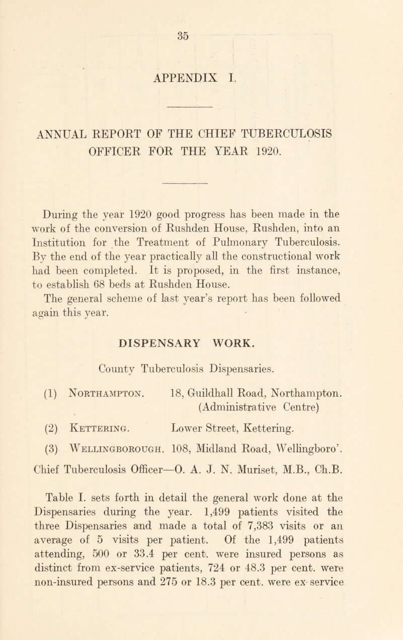 APPENDIX I. ANNUAL REPORT OF THE CHIEF TUBERCULOSIS OFFICER FOR THE YEAR 1920. During the year 1920 good progress has been made in the work of the conversion of Rushden House, Rushden, into an Institution for the Treatment of Pulmonary Tuberculosis. By the end of the year practically all the constructional work had been completed. It is proposed, in the first instance, to establish 68 beds at Rushden House. The general scheme of last year’s report has been followed again this year. DISPENSARY WORK. County Tuberculosis Dispensaries. (1) Northampton. 18, Guildhall Road, Northampton. (Administrative Centre) (2) Kettering. Lower Street, Kettering. (3) Wellingborough. 108, Midland Road, Wellingboro’. Chief Tuberculosis Officer—0. A. J. N. Muriset, M.B., Ch.B. Table I. sets forth in detail the general work done at the Dispensaries during the year. 1,499 patients visited the three Dispensaries and made a total of 7,383 visits or an average of 5 visits per patient. Of the 1,499 patients attending, 500 or 33.4 per cent, were insured persons as distinct from ex-service patients, 724 or 48.3 per cent, were non-insured persons and 275 or 18.3 per cent, were eX'service