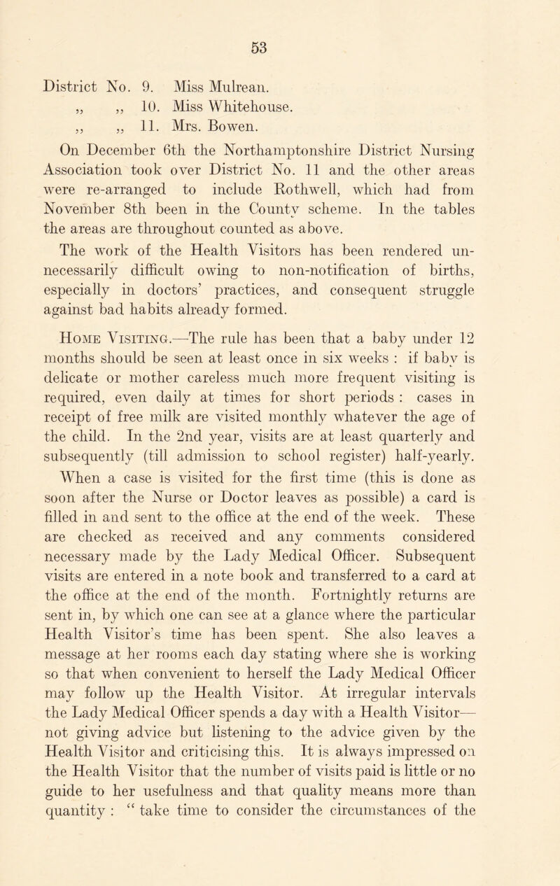 District No. 9. Miss Mulrean. „ „ 10. Miss Whitehouse. ,, „ 11. Mrs. Bowen. On December 6th the Northamptonshire District Nursing Association took over District No. 11 and the other areas were re-arranged to include Rothwell, which had from November 8th been in the Co untv scheme. In the tables the areas are throughout counted as above. The work of the Health Visitors has been rendered un¬ necessarily difficult owing to non-notification of births, especially in doctors’ practices, and consequent struggle against bad habits already formed. Home Visiting.—-The rule has been that a baby under 12 months should be seen at least once in six weeks : if baby is delicate or mother careless much more frequent visiting is required, even daily at times for short periods : cases in receipt of free milk are visited monthly whatever the age of the child. In the 2nd year, visits are at least quarterly and subsequently (till admission to school register) half-yearly. When a case is visited for the first time (this is done as soon after the Nurse or Doctor leaves as possible) a card is filled in and sent to the office at the end of the week. These are checked as received and any comments considered necessary made by the Lady Medical Officer. Subsequent visits are entered in a note book and transferred to a card at the office at the end of the month. Fortnightly returns are sent in, by which one can see at a glance where the particular Health Visitor’s time has been spent. She also leaves a message at her rooms each day stating where she is working so that when convenient to herself the Lady Medical Officer may follow up the Health Visitor. At irregular intervals the Lady Medical Officer spends a day with a Health Visitor—- not giving advice but listening to the advice given by the Health Visitor and criticising this. It is always impressed on the Health Visitor that the number of visits paid is little or no guide to her usefulness and that quality means more than quantity : “ take time to consider the circumstances of the