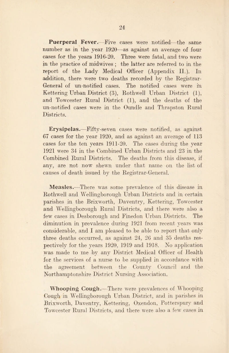 Puerperal Fever.—Five cases were notified—the same number as in the year 1920—as against an average of four cases for the years 1916-20. Three were fatal, and two were in the practice of midwives ; the latter are referred to in the report of the Lady Medical Officer (Appendix II,). In addition, there were two deaths recorded by the Registrar- General of un-notified cases. The notified cases were in Kettering Urban District (3), Rothwell Urban District (1), and Towcester Rural District (1), and the deaths of the un-notified cases were in the Oundle and Thrapston Rural Districts. Erysipelas.—Fifty-seven cases were notified, as against 67 cases for the year 1920, and as against an average of 113 cases for the ten years 1911-20. The cases during the year 1921 were 34 in the Combined Urban Districts and 23 in the Combined Rural Districts. The deaths from this disease, if any, are not now shewn under that name on the list of causes of death issued by the Registrar-General. Measles.—There was some prevalence of this disease in Rothwell and Wellingborough Urban Districts and in certain parishes in the Brixworth, Daventry, Kettering, Towcester and Wellingborough Rural Districts, and there were also a few cases in Desborough and Finedon Urban Districts. The diminution in prevalence during 1921 from recent years was considerable, and I am pleased to be able to report that only three deaths occurred, as against 24, 26 and 35 deaths res¬ pectively for the years 1920, 1919 and 1918. No application was made to me by any District Medical Officer of Health for the services of a nurse to be supplied in accordance with the agreement between the County Council and the Northamptonshire District Nursing Association. Whooping Cough.—There were prevalences of Whooping Cough in Wellingborough Urban District, and in parishes in Brixworth, Daventry, Kettering, Oxendon, Potterspury and Towcester Rural Districts, and there were also a few cases in