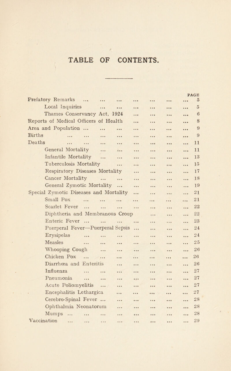 TABLE OF CONTENTS Prefatory Remarks Local Inquiries Thames Conservancy Act, 1924 Reports of Medical Officers of Health Area and Population ... Births Deaths ... ... ... ... General Mortality Infantile Mortality Tuberculosis Mortality Respiratory Diseases Mortality Cancer Mortality General Zymotic Mortality ... Special Zymotic Diseases and Mortality Small Pox Scarlet Fever Diphtheria and Membranous Croup Enteric Fever ... Puerperal Fever—Puerperal Sepsis Erysipelas Measles Whooping Cough Chicken Pox Diarrhoea and Enteritis Influenza Pneumonia Acute Poliomyelitis Encephalitis Lethargica Cerebro-Spinal Fever ... Ophthalmia Neonatorum Mumps ... Vaccination PAGE 5 5 6 8 9 9 11 11 13 15 17 18 19 21 21 22 22 23 24 24 25 26 26 26 27 27 27 27 28 28 28 29