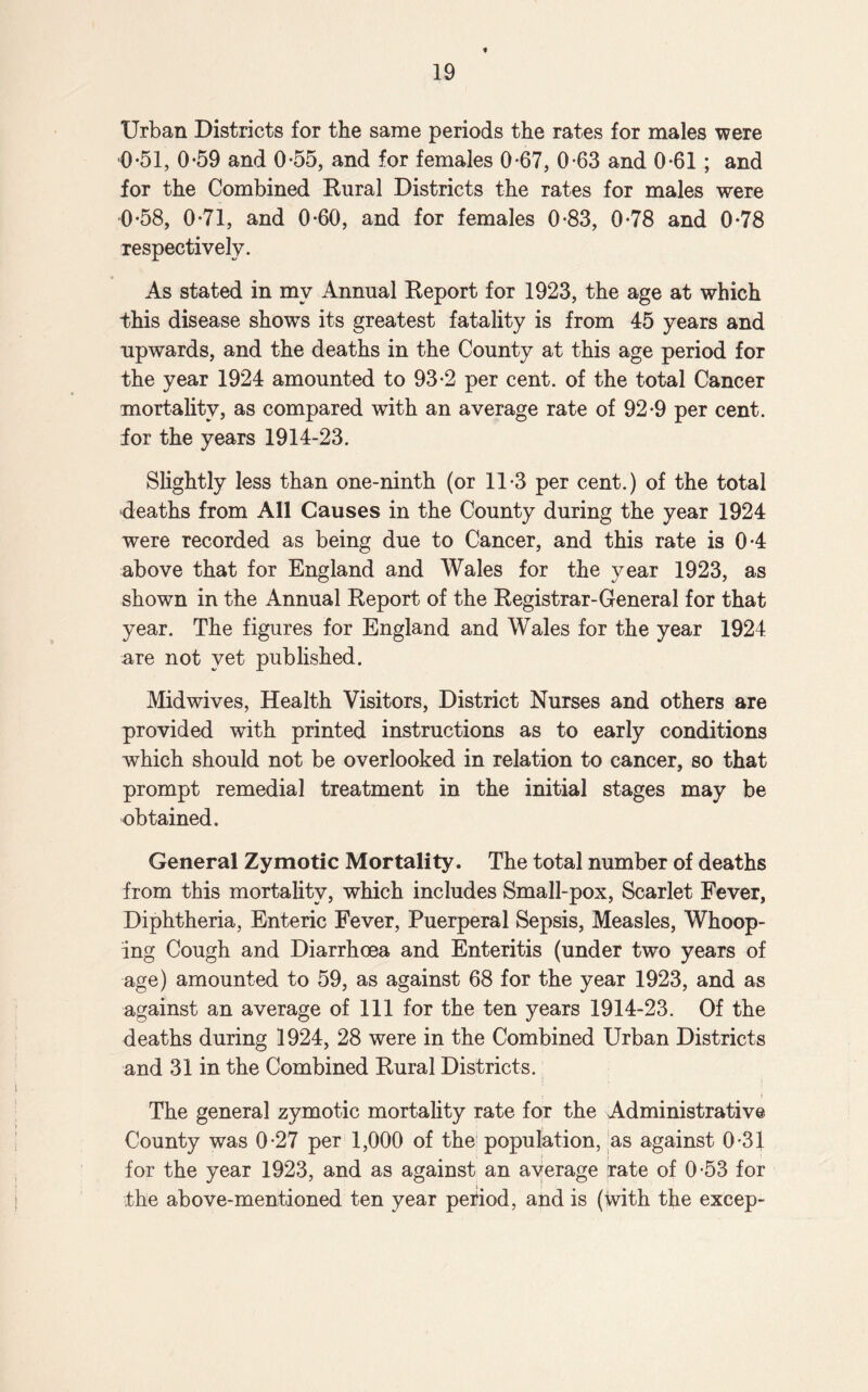 f Urban Districts for the same periods the rates for males were 0-51, 0*59 and 0-55, and for females 0*67, 0-63 and 0*61; and for the Combined Rural Districts the rates for males were 0-58, 0-71, and 0-60, and for females 0-83, 0-78 and 0-78 respectively. As stated in my Annual Report for 1923, the age at which this disease shows its greatest fatality is from 45 years and upwards, and the deaths in the County at this age period for the year 1924 amounted to 93-2 per cent, of the total Cancer mortality, as compared with an average rate of 92-9 per cent, for the years 1914-23. Slightly less than one-ninth (or 11-3 per cent.) of the total deaths from All Causes in the County during the year 1924 were recorded as being due to Cancer, and this rate is 04 above that for England and Wales for the year 1923, as shown in the Annual Report of the Registrar-General for that year. The figures for England and Wales for the year 1924 are not yet published. Mid wives, Health Visitors, District Nurses and others are provided with printed instructions as to early conditions which should not be overlooked in relation to cancer, so that prompt remedial treatment in the initial stages may be obtained. General Zymotic Mortality. The total number of deaths from this mortality, which includes Small-pox, Scarlet Fever, Diphtheria, Enteric Fever, Puerperal Sepsis, Measles, Whoop¬ ing Cough and Diarrhoea and Enteritis (under two years of age) amounted to 59, as against 68 for the year 1923, and as against an average of 111 for the ten years 1914-23. Of the deaths during 1924, 28 were in the Combined Urban Districts and 31 in the Combined Rural Districts. I ; i The general zymotic mortality rate for the Administrative County was 0-27 per 1,000 of the population, as against 0-31 for the year 1923, and as against an average rate of 0-53 for the above-mentioned ten year period, and is (with the excep-