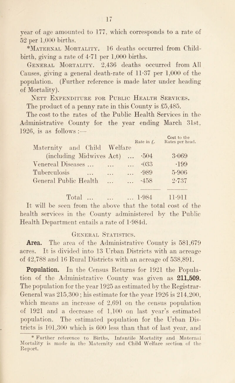 year of age amounted to 177, which corresponds to a rate of 52 per 1,000 births. * Material Mortality. 16 deaths occurred from Child¬ birth, giving a rate of 4-71 per 1,000 births. General Mortality. 2,436 deaths occurred from All Causes, giving a general death-rate of 11-37 per 1,000 of the population. (Further reference is made later under heading of Mortality). Nett Expenditure for Public Health Services. The product of a penny rate in this County is £5,485. The cost to the rates of the Public Health Services in the Administrative County for the year ending March 31st, 1926, is as follows :— Rate in £. Cost to the Rates per head. Maternity and Child W elf are (including Mid wives Act) ... •504 3-069 Venereal Diseases ... • • • • • • •033 •199 Tuberculosis ... ... •989 5-906 General Public Health • • • • • • •458 2-737 Total ... 1-984 11-911 It will be seen from the above that the total cost of the health services in the County administered by the Public Health Department entails a rate of l-984d. General Statistics. Area. The area of the Administrative County is 581,679 acres. It is divided into 13 Urban Districts with an acreage of 42,788 and 16 Rural Districts with an acreage of 538,891. Population. In the Census Returns for 1921 the Popula¬ tion of the Administrative County was given as 211,509. The population for the year 1925 as estimated by the Registrar- General was 215,300 ; his estimate for the year 1926 is 214,200, which means an increase of 2,691 on the census population of 1921 and a decrease of 1,100 on last year’s estimated population. The estimated population for the Urban Dis¬ tricts is 101,300 which is 600 less than that of last year, and * Further reference to Births, Infantile Mortality and Maternal Mortality is made in the Maternity and Child Welfare section of the Report.