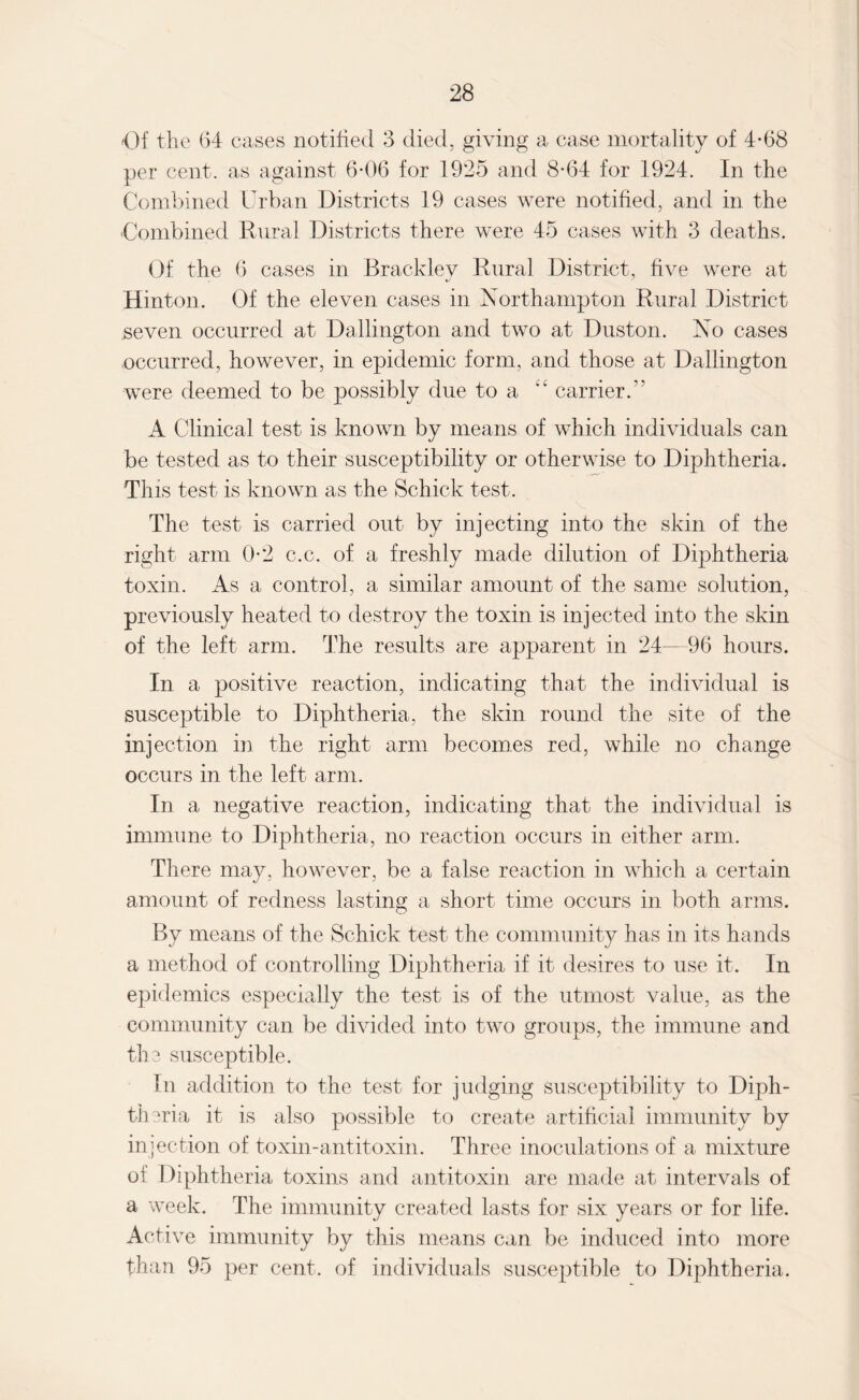 Of the 64 cases notified 3 died, giving a case mortality of 4-68 per cent, as against 6-06 for 1925 and 8*64 for 1924. In the Combined Urban Districts 19 cases were notified, and in the Combined Rural Districts there were 45 cases with 3 deaths. Of the 6 cases in Brackley Rural District, five were at Hinton. Of the eleven cases in Northampton Rural District seven occurred at Dallington and two at Duston. No cases occurred, however, in epidemic form, and those at Dallington were deemed to be possibly due to a “ carrier.' A Clinical test is known by means of which individuals can be tested as to their susceptibility or otherwise to Diphtheria. This test is known as the Schick test. The test is carried out by injecting into the skin of the right arm 0-2 c.c. of a freshly made dilution of Diphtheria toxin. As a control, a similar amount of the same solution, previously heated to destroy the toxin is injected into the skin of the left arm. The results are apparent in 24—96 hours. In a positive reaction, indicating that the individual is susceptible to Diphtheria, the skin round the site of the injection in the right arm becomes red, while no change occurs in the left arm. In a negative reaction, indicating that the individual is immune to Diphtheria, no reaction occurs in either arm. There may, however, be a false reaction in which a certain amount of redness lasting a short time occurs in both arms. By means of the Schick test the community has in its hands a method of controlling Diphtheria if it desires to use it. In epidemics especially the test is of the utmost value, as the community can be divided into two groups, the immune and the susceptible. In addition to the test for judging susceptibility to Diph¬ theria it is also possible to create artificial immunity by injection of toxin-antitoxin. Three inoculations of a mixture of Diphtheria toxins and antitoxin are made at intervals of a week. The immunity created lasts for six years or for life. Active immunity by this means can be induced into more than 95 per cent, of individuals susceptible to Diphtheria.