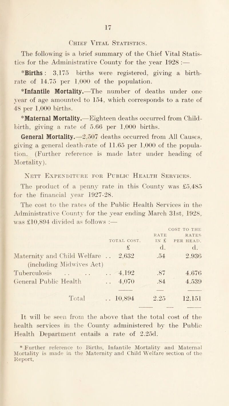 Chief Vital Statistics. The following is a brief summary of the Chief Vital Statis¬ tics for the Administrative County for the year 1928 :— ^Births : 3,175 births were registered, giving a birth¬ rate of 14.75 per 1,000 of the population. ^Infantile Mortality.—The number of deaths under one year of age amounted to 154, which corresponds to a rate of 48 per 1,000 births. ^Maternal Mortality.—Eighteen deaths occurred from Child¬ birth, giving a rate of 5.66 per 1,000 births. General Mortality.—2.507 deaths occurred from All Causes, giving a general death-rate of 11.65 per 1,000 of the popula¬ tion. (Further reference is made later under heading of Mortality). Nett Expenditure for Public Health Services. The product of a penny rate in this County was £5,485 for the financial year 1927-28. The cost to the rates of the Public Health Services in the Administrative County for the year ending March 31st, 1928, was £10,894 divided as follows :— COST TO THE TOTAL COST. RATE IN £ RATES PER HEAD. £ d. d. Maternity and Child Welfare . . 2,632 .54 2.936 (including Midwives Act) Tuberculosis . . 4,192 .87 4.676 General Public Health . . 4,070 .84 4.539 Total .. 10,894 2.25 12.151 It will be seen from the above that the total cost of the health services in the County administered by the Public Health Department entails a rate of 2.25cl. * Further reference to Births, Infantile Mortality and Maternal Mortality is made in the Maternity and Child Welfare section of the Report.