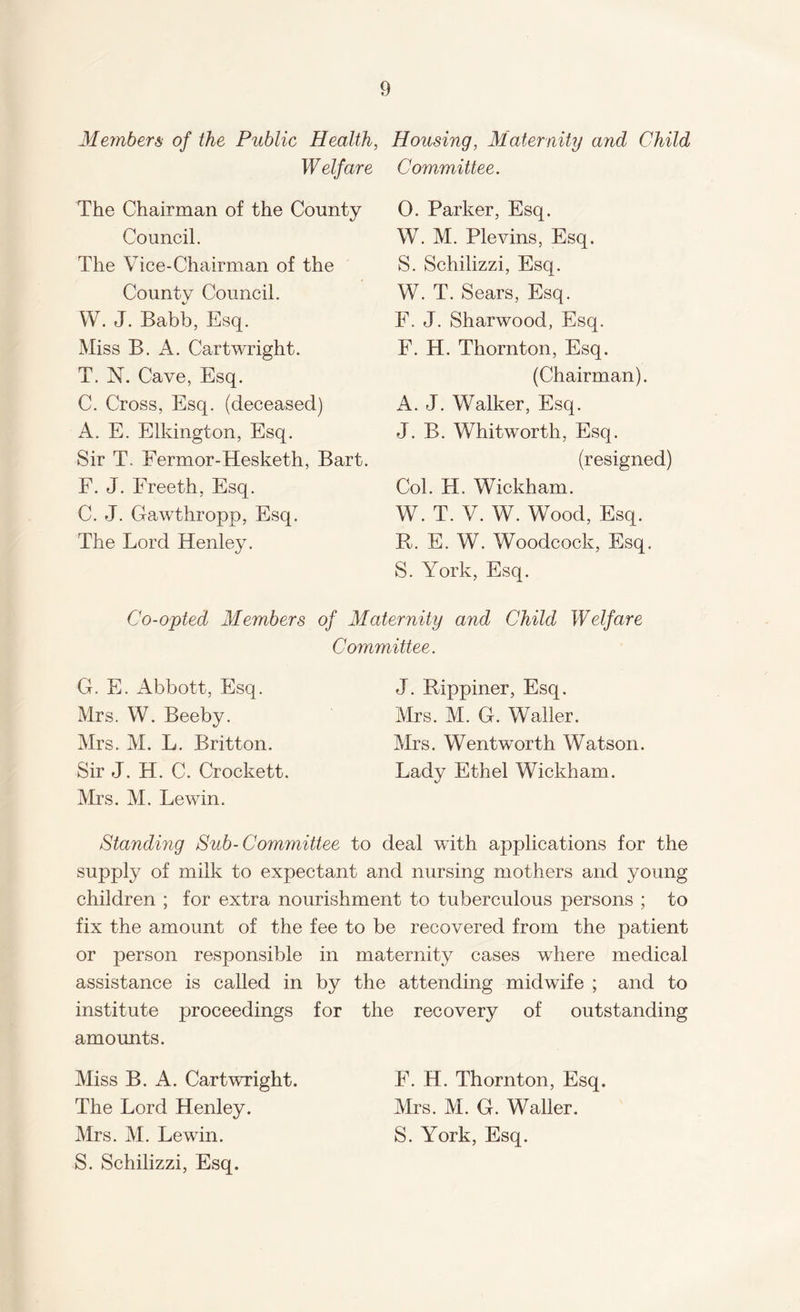 Members of the Public Health, Housing, Maternity and Child Welfare Committee. The Chairman of the County Council. The Vice-Chairman of the County Council. W. J. Babb, Esq. Miss B. A. Cartwright. T. N. Cave, Esq. C. Cross, Esq. (deceased) A. E. Elkington, Esq. Sir T. Fermor-Hesketh, Bart. F. J. Freeth, Esq. C. J. Gawthropp, Esq. The Lord Henley. 0. Parker, Esq. W. M. Plevins, Esq. S. Schilizzi, Esq. W. T. Sears, Esq. F. J. Sharwood, Esq. F. H. Thornton, Esq. (Chairman). A. J. Walker, Esq. J. B. Whitworth, Esq. (resigned) Col. H. Wickham. W. T. V. W. Wood, Esq. R. E. W. Woodcock, Esq. S. York, Esq. Co-opted Members of Maternity and Child Welfare Committee. G. E. Abbott, Esq. Mrs. W. Beeby. Mrs. M. L. Britton. Sir J. H. C. Crockett. Mrs. M. Lewin. J. Rippiner, Esq. Mrs. M. G. Waller. Mrs. Wentworth Watson. Lady Ethel Wickham. Standing Sub-Committee to deal with applications for the supply of milk to expectant and nursing mothers and young children ; for extra nourishment to tuberculous persons ; to fix the amount of the fee to be recovered from the patient or person responsible in maternity cases where medical assistance is called in by the attending midwife ; and to institute proceedings for the recovery of outstanding amounts. Miss B. A. Cartwright. The Lord Henley. Mrs. M. Lewin. S. Schilizzi, Esq. F. H. Thornton, Esq. Mrs. M. G. Waller. S. York, Esq.