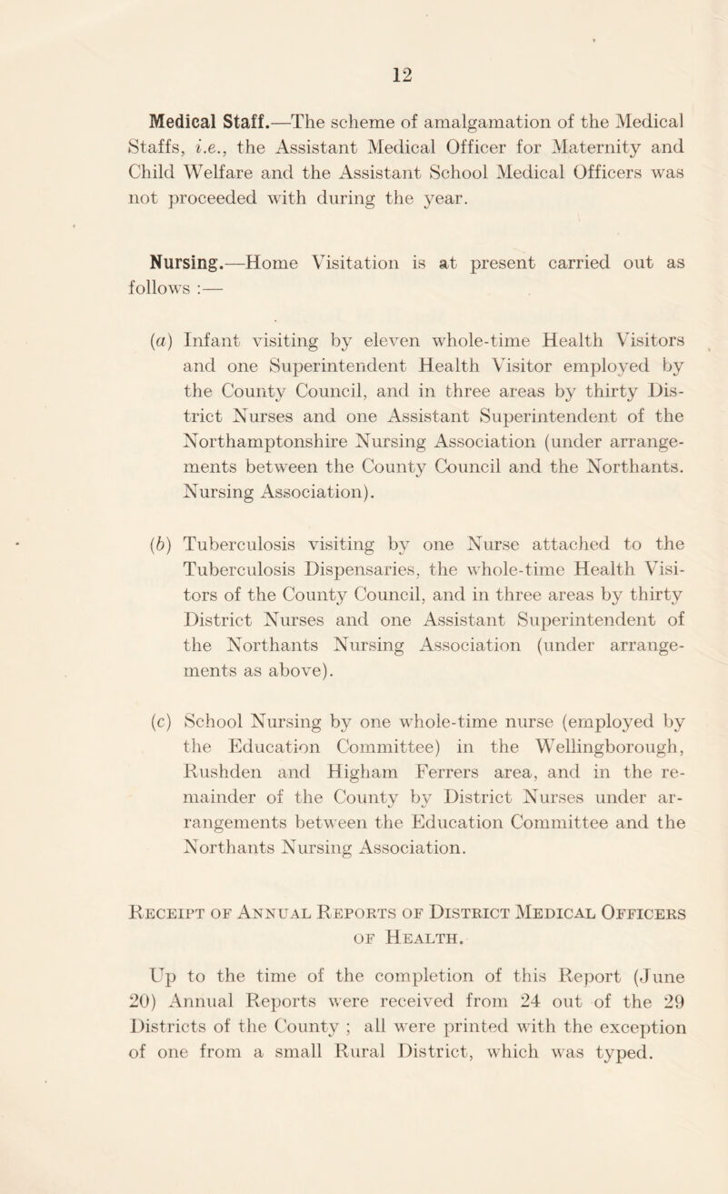 Medical Staff.—The scheme of amalgamation of the Medical Staffs, i.e., the Assistant Medical Officer for Maternity and Child Welfare and the Assistant School Medical Officers was not proceeded with during the year. Nursing.—Home Visitation is at present carried out as follows :— (а) Infant visiting by eleven whole-time Health Visitors and one Superintendent Health Visitor employed by the County Council, and in three areas by thirty Dis¬ trict Nurses and one Assistant Superintendent of the Northamptonshire Nursing Association (under arrange¬ ments between the County Council and the Northants. Nursing Association). (б) Tuberculosis visiting by one Nurse attached to the Tuberculosis Dispensaries, the whole-time Health Visi¬ tors of the County Council, and in three areas by thirty District Nurses and one Assistant Superintendent of the Northants Nursing Association (under arrange¬ ments as above). (c) School Nursing by one whole-time nurse (employed by the Education Committee) in the Wellingborough, Rushden and Higham Ferrers area, and in the re¬ mainder of the County by District Nurses under ar¬ rangements between the Education Committee and the Northants Nursing Association. Receipt of Annual Reports of District Medical Officers of Health. Up to the time of the completion of this Report (June 20) Annual Reports were received from 24 out of the 29 Districts of the County ; all were printed with the exception of one from a small Rural District, which was typed.