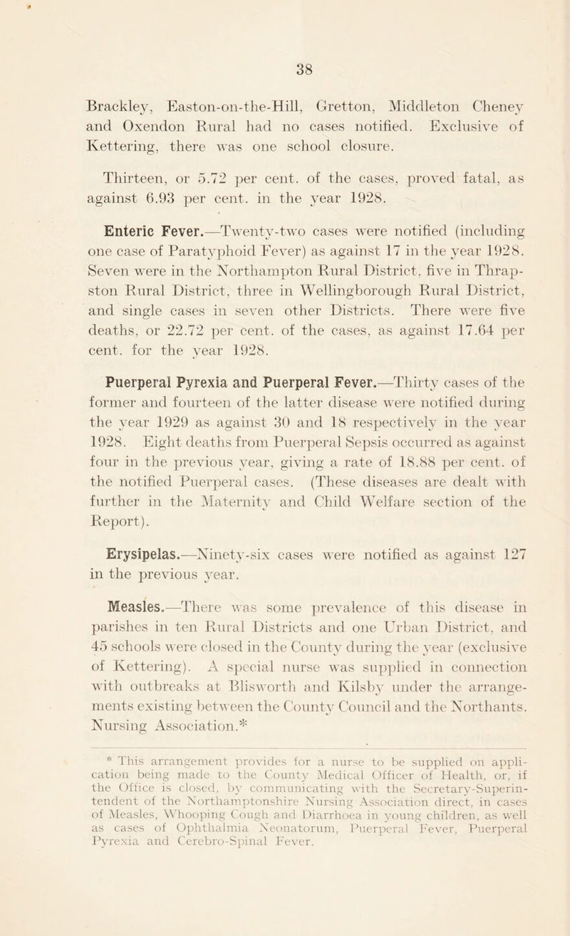 Brackley, Easton-on-the-Hill, Gretton, Middleton Cheney and Oxendon Rural had no cases notified. Exclusive of Kettering, there was one school closure. Thirteen, or 5.72 per cent, of the cases, proved fatal, as against 6.93 per cent, in the year 1928. Enteric Fever.—Twenty-two cases were notified (including one case of Paratyphoid Fever) as against 17 in the year 1928. Seven were in the Northampton Rural District, five in Thrap- ston Rural District, three in Wellingborough Rural District, and single cases in seven other Districts. There were five deaths, or 22.72 per cent, of the cases, as against 17.64 per cent, for the year 1928. Puerperal Pyrexia and Puerperal Fever.—Thirty cases of the former and fourteen of the latter disease were notified during the year 1929 as against 30 and 18 respectively in the year 1928. Eight deaths from Puerperal Sepsis occurred as against four in the previous year, giving a rate of 18.88 per cent, of the notified Puerperal cases. (These diseases are dealt with further in the Maternity and Child Welfare section of the Report). Erysipelas.—Ninety-six cases were notified as against 127 in the previous year. Measles.—There was some prevalence of this disease in parishes in ten Rural Districts and one Urban District, and 45 schools were closed in the County during the year (exclusive of Kettering). A special nurse was supplied in connection with outbreaks at Blisworth and Kilsby under the arrange¬ ments existing between the County Council and the Northants. Nursing Association.* * This arrangement provides for a nurse to be supplied on appli¬ cation being made to the County Medical Officer of Health, or, if the Office is closed, by communicating with the Secretary-Superin¬ tendent of the Northamptonshire Nursing Association direct, in cases of Measles, Whooping Cough and Diarrhoea in young children, as well as cases of Ophthalmia Neonatorum, Puerperal Fever, Puerperal Pyrexia and Ccrebro-Spinal Fever.