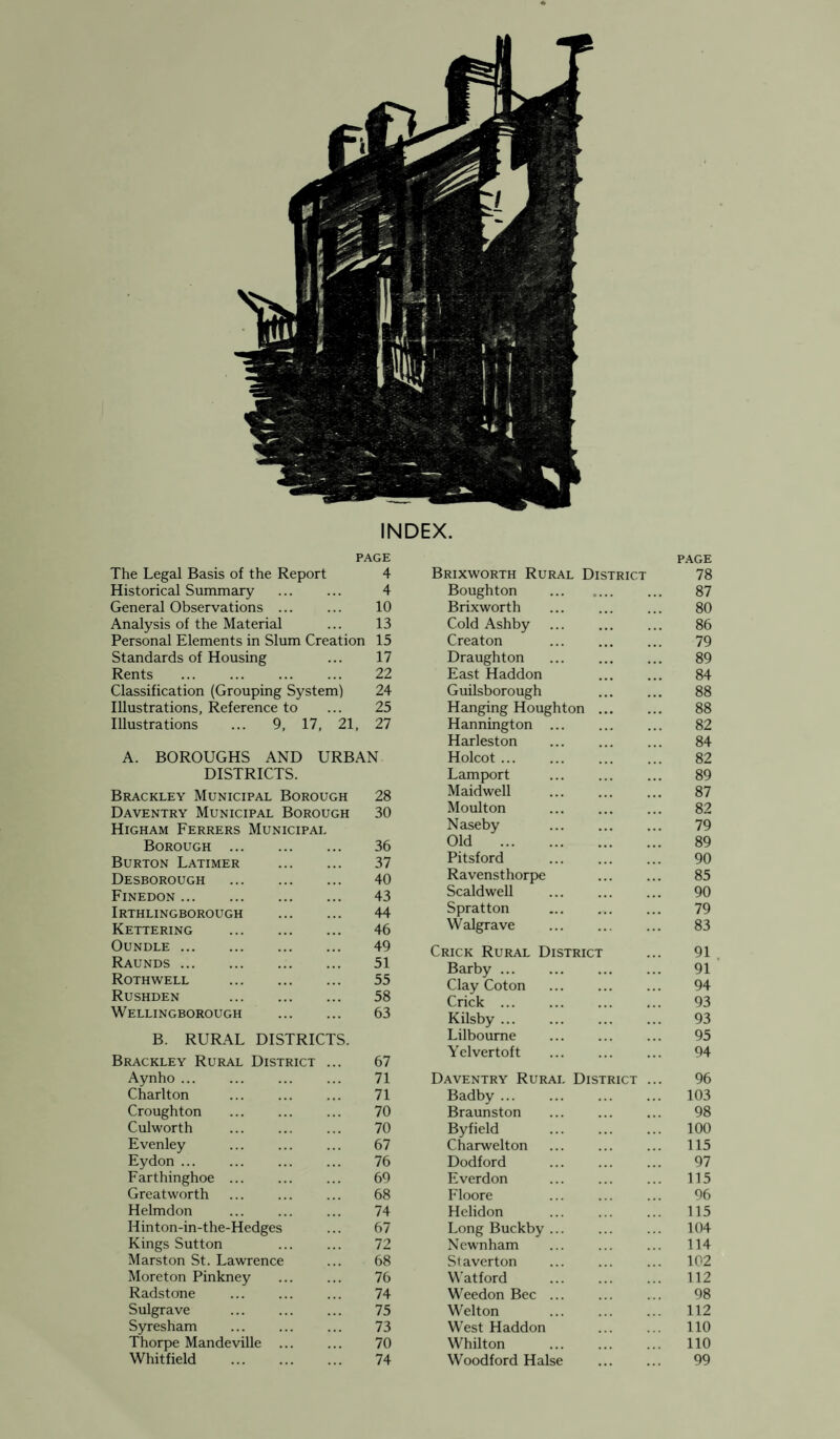 INDEX. PAGE PAGE The Legal Basis of the Report 4 Brixworth Rural District 78 Historical Summary 4 Boughton .... ... 87 General Observations. 10 Brixworth 80 Analysis of the Material 13 Cold Ashby 86 Personal Elements in Slum Creation 15 Creaton 79 Standards of Housing 17 Draughton 89 Rents 22 East Haddon 84 Classification (Grouping System) 24 Guilsborough 88 Illustrations, Reference to 25 Hanging Houghton 88 Illustrations ... 9, 17, 21, 27 Hannington ... 82 Harleston 84 A. BOROUGHS AND URBAN Holcot ... 82 DISTRICTS. Lamport 89 Brackley Municipal Borough 28 Maidwell 87 Daventry Municipal Borough 30 Moulton 82 Higham Ferrers Municipal Naseby 79 Borough . 36 Old 89 Burton Latimer . 37 Pitsford 90 Desborough . 40 Ravensthorpe 85 Finedon . 43 Scaldwell 90 Irthlingborough . 44 Spratton 79 Kettering . 46 Walgrave 83 Oundle . 49 Crick Rural District 91 Raunds . Rothwell . 51 55 Barby ... Clay Coton 91 94 Rushden . 58 Crick ... 93 Wellingborough . 63 Kilsby. 93 B. RURAL DISTRICTS. Lilbourne Yelvertoft 95 94 Brackley Rural District ... 67 Aynho ... 71 Daventry Rural District ... 96 Charlton . 71 Badby ... 103 Croughton 70 Braunston 98 Culworth 70 By field 100 Evenley 67 Charwelton 115 Eydon ... 76 Dodford 97 Farthinghoe ... 69 Everdon 115 Greatworth 68 Floore 96 Helmdon 74 Helidon 115 Hinton-in-the-Hedges 67 Long Buckby ... 104 Kings Sutton 72 Newnham 114 Marston St. Lawrence 68 Staverton 102 Moreton Pinkney 76 Watford 112 Radstone 74 Weedon Bee ... 98 Sulgrave 75 Welton 112 Syresham 73 West Haddon 110 Thorpe Mandeville ... 70 Whilton 110 Whitfield 74 Woodford Halse 99