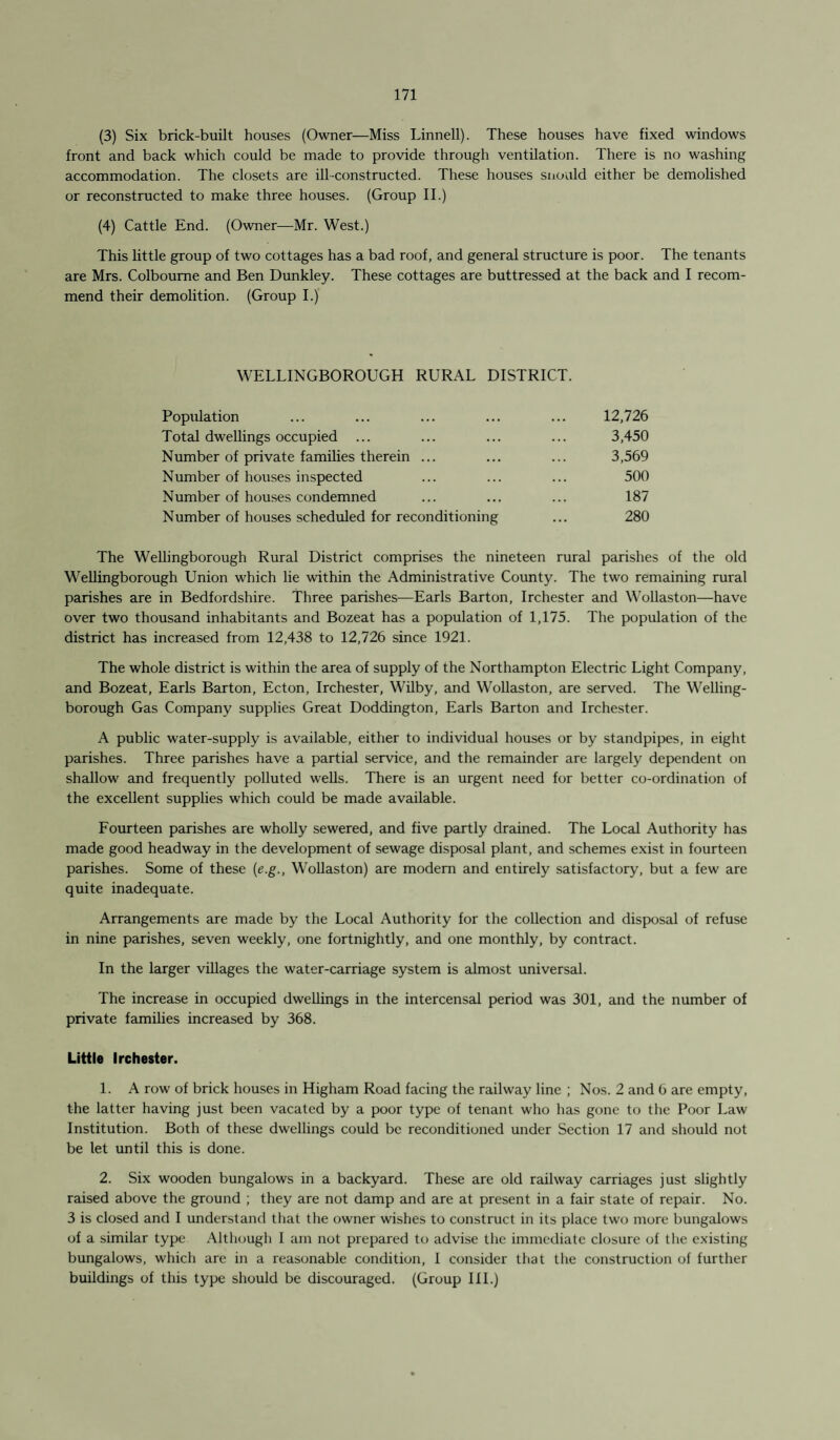 (3) Six brick-built houses (Owner—Miss Linnell). These houses have fixed windows front and back which could be made to provide through ventilation. There is no washing accommodation. The closets are ill-constructed. These houses snould either be demolished or reconstructed to make three houses. (Group II.) (4) Cattle End. (Owner—Mr. West.) This little group of two cottages has a bad roof, and general structure is poor. The tenants are Mrs. Colboume and Ben Dunkley. These cottages are buttressed at the back and I recom¬ mend their demolition. (Group I.) WELLINGBOROUGH RURAL DISTRICT. 12,726 3,450 3,569 500 187 280 Population Total dwellings occupied ... Number of private families therein ... Number of houses inspected Number of houses condemned Number of houses scheduled for reconditioning The Wellingborough Rural District comprises the nineteen rural parishes of the old Wellingborough Union which lie within the Administrative County. The two remaining rural parishes are in Bedfordshire. Three parishes—Earls Barton, Irchester and Wollaston—have over two thousand inhabitants and Bozeat has a population of 1,175. The population of the district has increased from 12,438 to 12,726 since 1921. The whole district is within the area of supply of the Northampton Electric Light Company, and Bozeat, Earls Barton, Ecton, Irchester, Wilby, and Wollaston, are served. The Welling¬ borough Gas Company supplies Great Doddington, Earls Barton and Irchester. A public water-supply is available, either to individual houses or by standpipes, in eight parishes. Three parishes have a partial service, and the remainder are largely dependent on shallow and frequently polluted wells. There is an urgent need for better co-ordination of the excellent supplies which could be made available. Fourteen parishes are wholly sewered, and five partly drained. The Local Authority has made good headway in the development of sewage disposal plant, and schemes exist in fourteen parishes. Some of these (e.g., Wollaston) are modem and entirely satisfactory, but a few are quite inadequate. Arrangements are made by the Local Authority for the collection and disposal of refuse in nine parishes, seven weekly, one fortnightly, and one monthly, by contract. In the larger villages the water-carriage system is almost universal. The increase in occupied dwellings in the intercensal period was 301, and the number of private families increased by 368. Little Irchester. 1. A row of brick houses in Higham Road facing the railway line ; Nos. 2 and 6 are empty, the latter having just been vacated by a poor type of tenant who has gone to the Poor Law Institution. Both of these dwellings could be reconditioned under Section 17 and should not be let until this is done. 2. Six wooden bungalows in a backyard. These are old railway carriages just slightly raised above the ground ; they are not damp and are at present in a fair state of repair. No. 3 is closed and I understand that the owner wishes to construct in its place two more bungalows of a similar type Although I am not prepared to advise the immediate closure of the existing bungalows, which are in a reasonable condition, I consider that the construction of further buildings of this type should be discouraged. (Group III.)