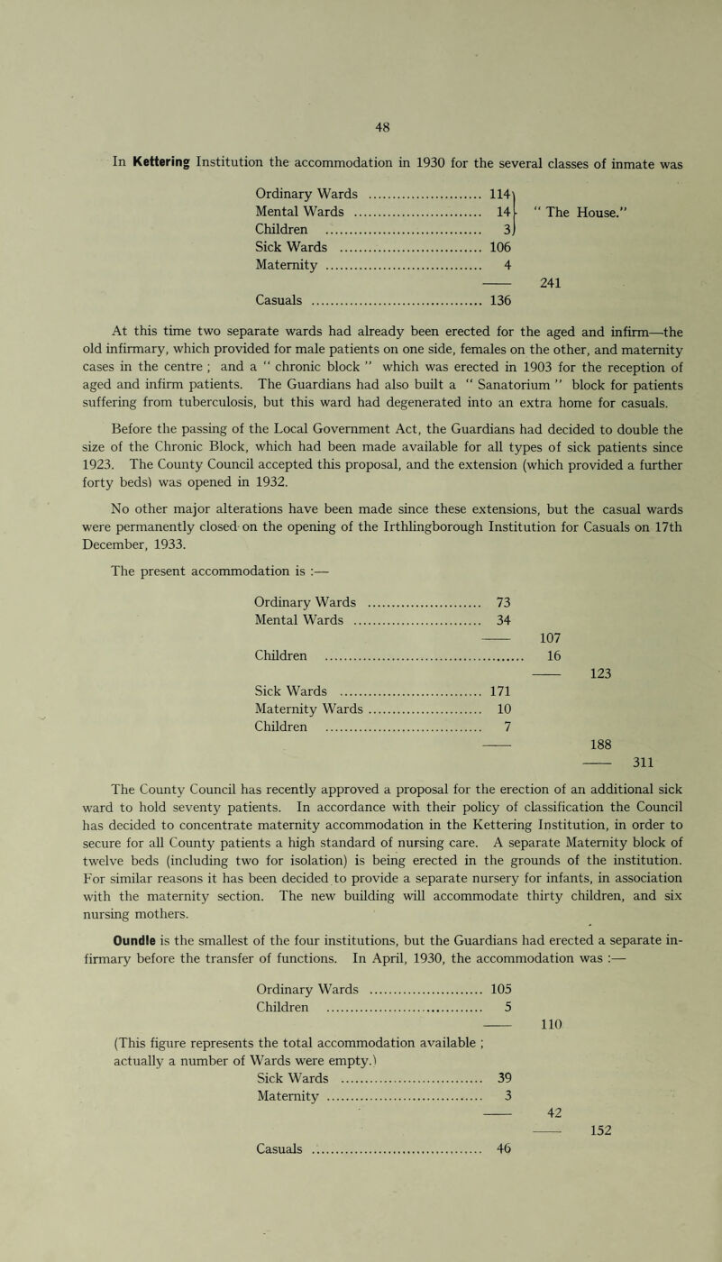 In Kettering Institution the accommodation in 1930 for the several classes of inmate was Ordinary Wards . 114 Mental Wards . 14 Children . 3. Sick Wards . 106 Maternity . 4 Casuals . 136 “ The House.” 241 At this time two separate wards had already been erected for the aged and infirm—-the old infirmary, which provided for male patients on one side, females on the other, and maternity cases in the centre ; and a “ chronic block ” which was erected in 1903 for the reception of aged and infirm patients. The Guardians had also built a “ Sanatorium ” block for patients suffering from tuberculosis, but this ward had degenerated into an extra home for casuals. Before the passing of the Local Government Act, the Guardians had decided to double the size of the Chronic Block, which had been made available for all types of sick patients since 1923. The County Council accepted this proposal, and the extension (which provided a further forty beds) was opened in 1932. No other major alterations have been made since these extensions, but the casual wards were permanently closed on the opening of the Irthlingborough Institution for Casuals on 17th December, 1933. The present accommodation is :— Ordinary Wards . 73 Mental Wards . 34 - 107 Children . 16 Sick Wards . 171 Maternity Wards. 10 Children . 7 123 188 - 311 The County Council has recently approved a proposal for the erection of an additional sick ward to hold seventy patients. In accordance with their policy of classification the Council has decided to concentrate maternity accommodation in the Kettering Institution, in order to secure for all County patients a high standard of nursing care. A separate Maternity block of twelve beds (including two for isolation) is being erected in the grounds of the institution. For similar reasons it has been decided to provide a separate nursery for infants, in association with the maternity section. The new building will accommodate thirty children, and six nursing mothers. Oundle is the smallest of the four institutions, but the Guardians had erected a separate in¬ firmary before the transfer of functions. In April, 1930, the accommodation was :— Ordinary Wards . 105 Children . 5 - 110 (This figure represents the total accommodation available ; actually a number of Wards were empty.! Sick Wards . 39 Maternity . 3 - 42 Casuals 46 152