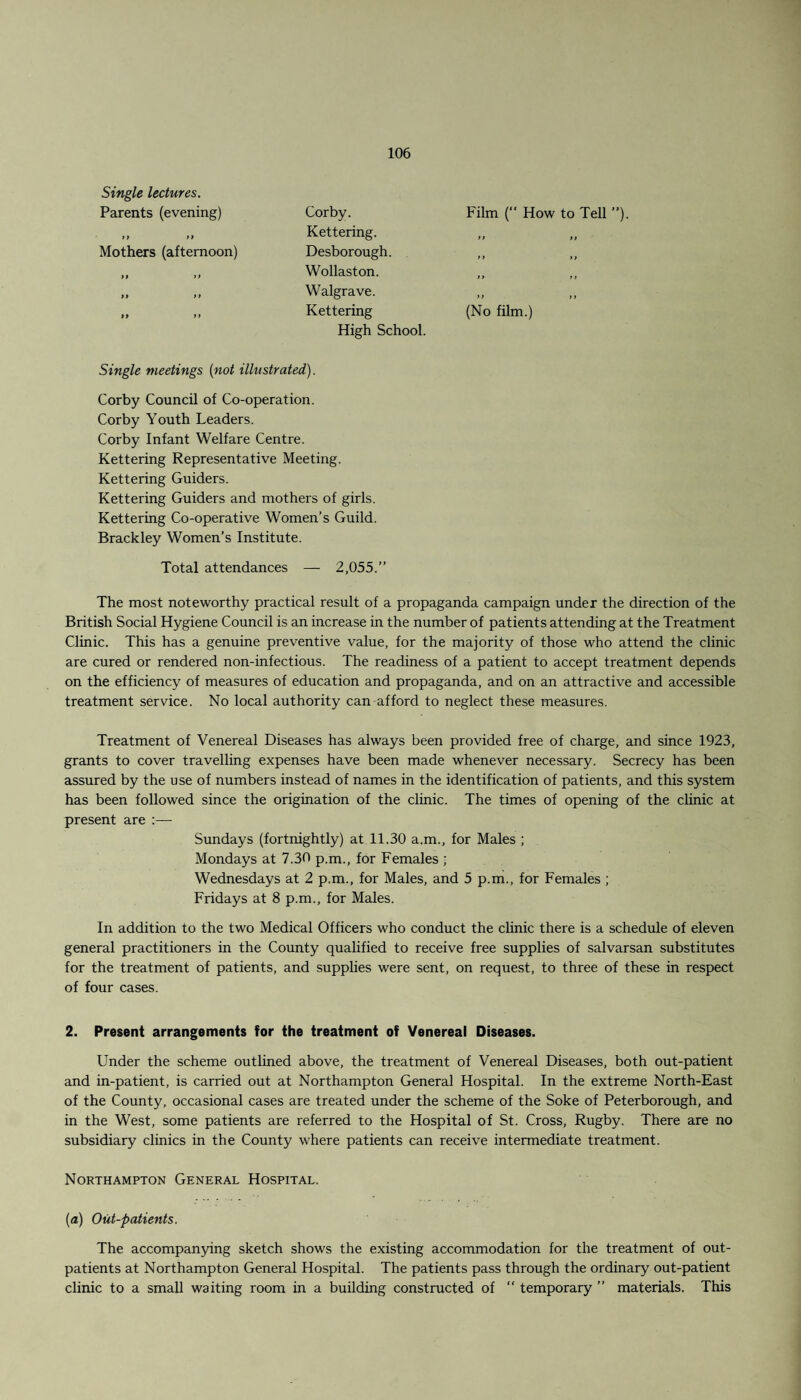 Single lectures. Parents (evening) tt >> Mothers (afternoon) »> tt Corby. Film (“ How to Tell ”). Kettering. Desborough. Wollaston. Walgrave. ,, Kettering (No film.) High School. Single meetings (not illustrated). Corby Council of Co-operation. Corby Youth Leaders. Corby Infant Welfare Centre. Kettering Representative Meeting. Kettering Guiders. Kettering Guiders and mothers of girls. Kettering Co-operative Women’s Guild. Brackley Women’s Institute. Total attendances — 2,055.” The most noteworthy practical result of a propaganda campaign under the direction of the British Social Hygiene Council is an increase in the number of patients attending at the Treatment Clinic. This has a genuine preventive value, for the majority of those who attend the clinic are cured or rendered non-infectious. The readiness of a patient to accept treatment depends on the efficiency of measures of education and propaganda, and on an attractive and accessible treatment service. No local authority can afford to neglect these measures. Treatment of Venereal Diseases has always been provided free of charge, and since 1923, grants to cover travelling expenses have been made whenever necessary. Secrecy has been assured by the use of numbers instead of names in the identification of patients, and this system has been followed since the origination of the clinic. The times of opening of the clinic at present are :— Sundays (fortnightly) at 11.30 a.m., for Males ; Mondays at 7.30 p.m., for Females ; Wednesdays at 2 p.m., for Males, and 5 p.m., for Females ; Fridays at 8 p.m., for Males. In addition to the two Medical Officers who conduct the clinic there is a schedule of eleven general practitioners in the County qualified to receive free supplies of salvarsan substitutes for the treatment of patients, and supplies were sent, on request, to three of these in respect of four cases. 2. Present arrangements for the treatment of Venereal Diseases. Under the scheme outlined above, the treatment of Venereal Diseases, both out-patient and in-patient, is carried out at Northampton General Hospital. In the extreme North-East of the County, occasional cases are treated under the scheme of the Soke of Peterborough, and in the West, some patients are referred to the Hospital of St. Cross, Rugby. There are no subsidiary clinics in the County where patients can receive intermediate treatment. Northampton General Hospital. (a) Out-patients. The accompanying sketch shows the existing accommodation for the treatment of out¬ patients at Northampton General Hospital. The patients pass through the ordinary out-patient clinic to a small waiting room in a building constructed of “ temporary ” materials. This