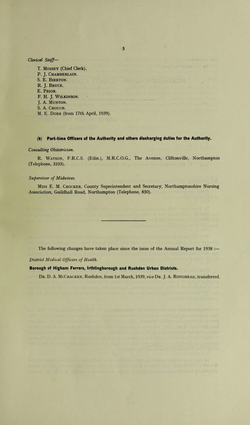 Clerical Staff— T. Mossey (Chief Clerk). P. J. Chamberlain. S. E. Bierton. R. J. Bruce. E. Prior. P. H. J. Wilkinson. J. A. Munton. S. A. Crouch. M. E. Dorr (from 17th April, 1939). (b) Part-time Officers of the Authority and others discharging duties for the Authority. Consulting Obstetrician. R. Watson, F.R.C.S. (Edin.), M.R.C.O.G., The Avenue, Cliftonville, Northampton (Telephone, 3103). Supervisor of Midwives. Miss E. M. Crocker, County Superintendent and Secretary, Northamptonshire Nursing Association, Guildhall Road, Northampton (Telephone, 850). The following changes have taken place since the issue of the Annual Report for 1938 :— District Medical Officers of Health. Borough of Higham Ferrers, Irthlingborough and Rushden Urban Districts. Dr. D. A. McCracken, Rushden, from 1st March, 1939, vice Dr. J. A. Roughead, transferred.