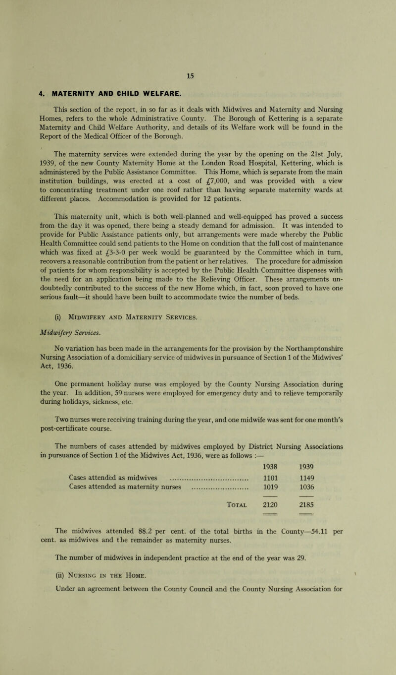 4. MATERNITY AND CHILD WELFARE. This section of the report, in so far as it deals with Midwives and Maternity and Nursing Homes, refers to the whole Administrative County. The Borough of Kettering is a separate Maternity and Child Welfare Authority, and details of its Welfare work will be found in the Report of the Medical Officer of the Borough. / The maternity services were extended during the year by the opening on the 21st July, 1939, of the new County Maternity Home at the London Road Hospital, Kettering, which is administered by the Public Assistance Committee. This Home, which is separate from the main institution buildings, was erected at a cost of £7,000, and was provided with a view to concentrating treatment under one roof rather than having separate maternity wards at different places. Accommodation is provided for 12 patients. This maternity unit, which is both well-planned and well-equipped has proved a success from the day it was opened, there being a steady demand for admission. It was intended to provide for Public Assistance patients only, but arrangements were made whereby the Public Health Committee could send patients to the Home on condition that the full cost of maintenance which was fixed at £3-3-0 per week would be guaranteed by the Committee which in turn, recovers a reasonable contribution from the patient or her relatives. The procedure for admission of patients for whom responsibility is accepted by the Public Health Committee dispenses with the need for an application being made to the Relieving Officer. These arrangements un¬ doubtedly contributed to the success of the new Home which, in fact, soon proved to have one serious fault—it should have been built to accommodate twice the number of beds. (i) Midwifery and Maternity Services. Midwifery Services. No variation has been made in the arrangements for the provision by the Northamptonshire Nursing Association of a domiciliary service of midwives in pursuance of Section 1 of the Midwives’ Act, 1936. One permanent holiday nurse was employed by the County Nursing Association during the year. In addition, 59 nurses were employed for emergency duty and to relieve temporarily during holidays, sickness, etc. Two nurses were receiving training during the year, and one midwife was sent for one month’s post-certificate course. The numbers of cases attended by mid wives employed by District Nursing Associations in pursuance of Section 1 of the Midwives Act, 1936, were as follows :— 1938 1939 Cases attended as midwives . 1101 1149 Cases attended as maternity nurses . 1019 1036 Total 2120 2185 The midwives attended 88.2 per cent, of the total births in the County—54.11 per cent, as midwives and the remainder as maternity nurses. The number of midwives in independent practice at the end of the year was 29. (ii) Nursing in the Home. Under an agreement between the County Council and the County Nursing Association for