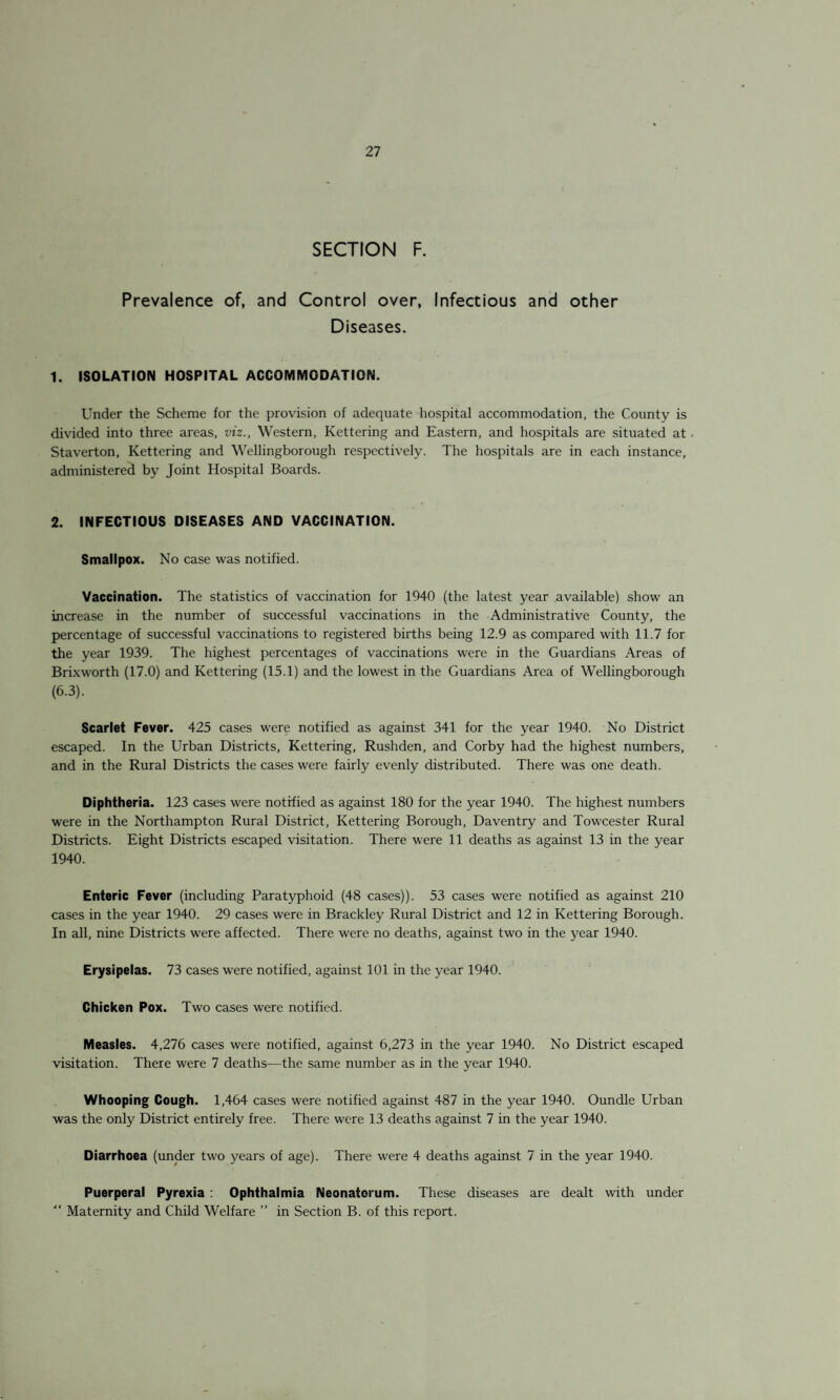 SECTION F. Prevalence of, and Control over, Infectious and other Diseases. 1. ISOLATION HOSPITAL ACCOMMODATION. Under the Scheme for the provision of adequate hospital accommodation, the County is divided into three areas, viz., Western, Kettering and Eastern, and hospitals are situated at Staverton, Kettering and Wellingborough respectively. The hospitals are in each instance, administered by Joint Hospital Boards. 2. INFECTIOUS DISEASES AND VACCINATION. Smallpox. No case was notified. Vaccination. The statistics of vaccination for 1940 (the latest year available) show an increase in the number of successful vaccinations in the Administrative County, the percentage of successful vaccinations to registered births being 12.9 as compared with 11.7 for the year 1939. The highest percentages of vaccinations were in the Guardians Areas of Briwvorth (17.0) and Kettering (15.1) and the lowest in the Guardians Area of Wellingborough (6.3). Scarlet Fever. 425 cases were notified as against 341 for the year 1940. No District escaped. In the Urban Districts, Kettering, Rushden, and Corby had the highest numbers, and in the Rural Districts the cases were fairly evenly distributed. There was one death. Diphtheria. 123 cases were notified as against 180 for the year 1940. The highest numbers were in the Northampton Rural District, Kettering Borough, Daventry and Towcester Rural Districts. Eight Districts escaped visitation. There were 11 deaths as against 13 in the year 1940. Enteric Fever (including Paratyphoid (48 cases)). 53 cases were notified as against 210 cases in the year 1940. 29 cases were in Brackley Rural District and 12 in Kettering Borough. In all, nine Districts were affected. There were no deaths, against two in the year 1940. Erysipelas. 73 cases were notified, against 101 in the year 1940. Chicken Pox. Two cases were notified. Measles. 4,276 cases were notified, against 6,273 in the year 1940. No District escaped visitation. There were 7 deaths—the same number as in the year 1940. Whooping Cough. 1,464 cases were notified against 487 in the year 1940. Oundle Urban was the only District entirely free. There were 13 deaths against 7 in the year 1940. Diarrhoea (under two years of age). There were 4 deaths against 7 in the year 1940. Puerperal Pyrexia : Ophthalmia Neonatorum. These diseases are dealt with under “ Maternity and Child Welfare ” in Section B. of this report.