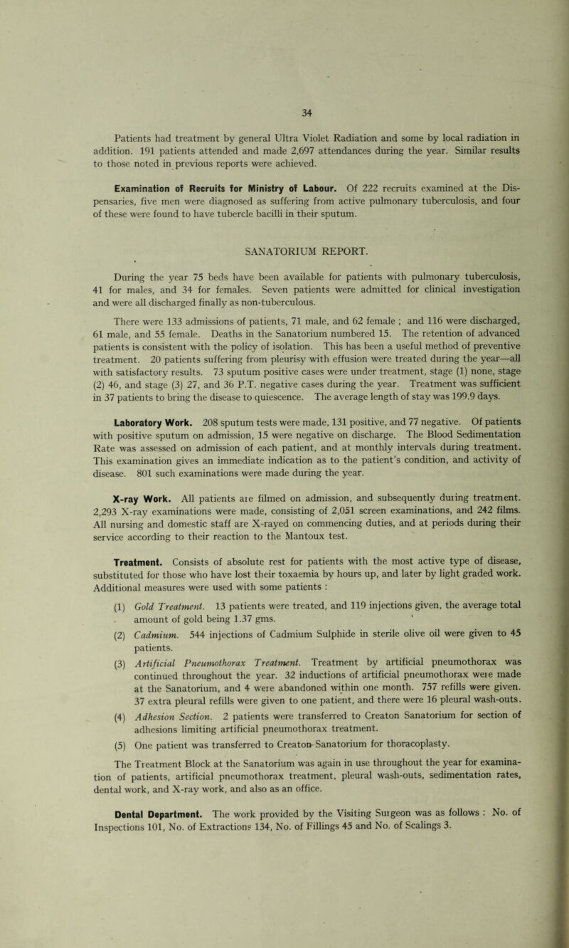 Patients had treatment by general Ultra Violet Radiation and some by local radiation in addition. 191 patients attended and made 2,697 attendances during the year. Similar results to those noted in previous reports were achieved. Examination of Recruits for Ministry of Labour. Of 222 recruits examined at the Dis¬ pensaries, five men were diagnosed as suffering from active pulmonary tuberculosis, and four of these were found to have tubercle bacilli in their sputum. SANATORIUM REPORT. During the year 75 beds have been available for patients with pulmonary tuberculosis, 41 for males, and 34 for females. Seven patients were admitted for clinical investigation and were all discharged finally as non-tuberculous. There were 133 admissions of patients, 71 male, and 62 female ; and 116 were discharged, 61 male, and 55 female. Deaths in the Sanatorium numbered 15. The retention of advanced patients is consistent with the policy of isolation. This has been a useful method of preventive treatment. 20 patients suffering from pleurisy with effusion were treated during the year—all with satisfactory results. 73 sputum positive cases were under treatment, stage (1) none, stage (2) 46, and stage (3) 27, and 36 P.T. negative cases during the year. Treatment was sufficient in 37 patients to bring the disease to quiescence. The average length of stay was 199.9 days. Laboratory Work. 208 sputum tests were made, 131 positive, and 77 negative. Of patients with positive sputum on admission, 15 were negative on discharge. The Blood Sedimentation Rate was assessed on admission of each patient, and at monthly intervals during treatment. This examination gives an immediate indication as to the patient’s condition, and activity of disease. 801 such examinations were made during the year. X-ray Work. All patients aie filmed on admission, and subsequently duiing treatment. 2,293 X-ray examinations were made, consisting of 2,051 screen examinations, and 242 films. All nursing and domestic staff are X-rayed on commencing duties, and at periods during their service according to their reaction to the Mantoux test. Treatment. Consists of absolute rest for patients with the most active type of disease, substituted for those who have lost their toxaemia by hours up, and later by light graded work. Additional measures were used with some patients : (1) Gold Treatment. 13 patients were treated, and 119 injections given, the average total amount of gold being 1.37 gms. (2) Cadmium. 544 injections of Cadmium Sulphide in sterile olive oil were given to 45 patients. (3) Artificial Pneumothorax Treatment. Treatment by artificial pneumothorax was continued throughout the year. 32 inductions of artificial pneumothorax were made at the Sanatorium, and 4 weie abandoned within one month. 757 refills were given. 37 extra pleural refills were given to one patient, and there were 16 pleural wash-outs. (4) Adhesion Section. 2 patients were transferred to Creaton Sanatorium for section of adhesions limiting artificial pneumothorax treatment. (5) One patient was transferred to Creaton Sanatorium for thoracoplasty. The Treatment Block at the Sanatorium was again in use throughout the year for examina¬ tion of patients, artificial pneumothorax treatment, pleural wash-outs, sedimentation rates, dental work, and X-ray work, and also as an office. Dental Department. The work provided by the Visiting Surgeon was as follows : No. of Inspections 101, No. of Extractions 134, No. of Fillings 45 and No. of Scalings 3.