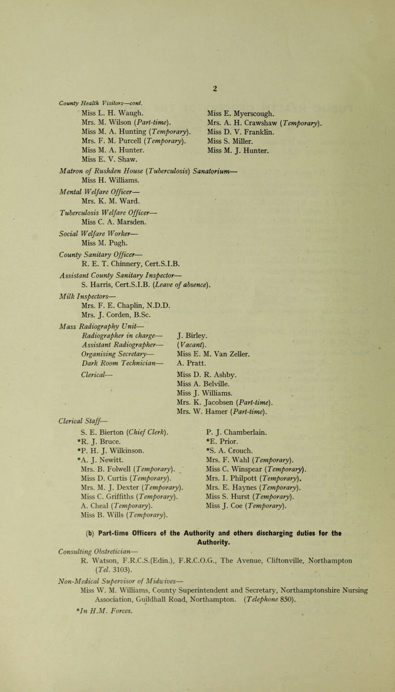 County Health Visitors—cont. Miss L. H. Waugh. Mrs. M. Wilson (Part-time). Miss M. A. Hunting {Temporary). Mrs. F. M. Purcell (Temporary). Miss M. A. Hunter. Miss E. V. Shaw. Matron of Rushden House {Tuberculosis) Miss H. Williams. Miss E. Myerscough. Mrs. A. H. Crawshaw (Temporary). Miss D. V. Franklin. Miss S. Miller. Miss M. J. Hunter. Sanatorium— Mental Welfare Officer— Mrs. K. M. Ward. Tuberculosis Welfare Officer— Miss C. A. Marsden. Social Welfare Worker— Miss M. Pugh. County Sanitary Officer— R. E. T. Chinnery, Cert.S.I.B. Assistant County Sanitary Inspector— S. Harris, Cert.S.I.B. {Leave of absence). Milk Inspectors— Mrs. F. E. Chaplin, N.D.D. Mrs. J. Corden, B.Sc. Mass Radiography Unit— Radiographer in charge— Assistant Radiographer— Organising Secretary—- Dark Room Technician— Clerical— Clerical Staff— S. E. Bierton {Chief Clerk). *R. J. Bruce. *P. H. J. Wilkinson. *A. J. Newitt. Mrs. B. Folwell {Temporary). Miss D. Curtis {Temporary). Mrs. M. J. Dexter {Temporary). Miss C. Griffiths {Temporary). A. Cheal {Temporary). Miss B. Wills {Temporary). J. Birley. {Vacant). Miss E. M. Van Zeller. A. Pratt. Miss D. R. Ashby. Miss A. Belville. Miss J. Williams. Mrs. K. Jacobsen {Part-time). Mrs. W. Hamer {Part-time). P. J. Chamberlain. *E. Prior. *S. A. Crouch. Mrs. F. Wahl {Temporary). Miss C. Winspear {Temporary) Mrs. I. Philpott {Temporary). Mrs. E. Haynes {Temporary). Miss S. Hurst {Temporary). Miss J. Coe {Temporary). (b) Part-time Officers of the Authority and others discharging duties for the Authority. Consulting Obstretician— R. Watson, F.R.C.SJEdin.), F.R.C.O.G., The Avenue, Cliftonville, Northampton {Tel. 3103). Non-Medical Supervisor of Miduives— Miss W. M. Williams, County Superintendent and Secretary, Northamptonshire Nursing Association, Guildhall Road, Northampton. {Telephone 850). *In H.M. Forces.