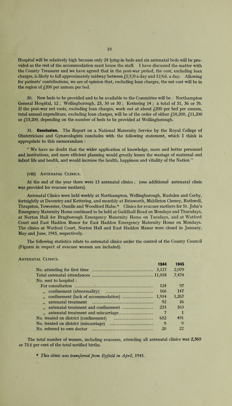 Hospital will be relatively high because only 24 lying-in beds and six antenatal beds will be pro¬ vided as the rest of the accommodation must house the staff. I have discussed the matter with the County Treasurer and we have agreed that in the post-war period, the cost, excluding loan charges, is likely to fall approximately midway between £1/1/0 a day and 12/6d. a day. Allowing for patients’ contributions, we are of opinion that, excluding loan charges, the net cost will be in the region of £200 per annum per bed. 30. New beds to be provided and to be available to the Committee will be : Northampton General Hospital, 12; Wellingborough, 25, 30 or 50 ; Kettering 14 ; a total of 51, 56 or 76. If the post-war net costs, excluding loan charges, work out at about £200 per bed per annum, total annual expenditure, excluding loan charges, will be of the order of either £10,200, £11,200 or £15,200, depending on the number of beds to be provided at Wellingborough. 31. Conclusion. The Report on a National Maternity Service by the Royal College of Obstetricians and Gynaecologists concludes with the following statement, which I think is appropriate to this memorandum : “ We have no doubt that the wider application of knowledge, more and better personnel and institutions, and more efficient planning would greatly lessen the wastage of maternal and infant life and health, and would increase the health, happiness and vitality of the Nation ” (viii) Antenatal Clinics. At the end of the year there were 13 antenatal clinics ; (one additional antenatal clinic was provided for evacuee mothers). Antenatal Clinics were held weekly at Northampton, Wellingborough, Rushden and Corby, fortnightly at Daventry and Kettering, and monthly at Brixworth, Middleton Cheney, Rothwell, Thrapston, Towcester, Oundle and Woodford Halse.* Clinics for evacuee mothers for St. John’s Emergency Maternity Home continued to be held at Guildhall Road on Mondays and Thursdays, at Norton Hall for Bragborough Emergency Maternity Home on Tuesdays, and at Watford Court and East Haddon Manor for East Haddon Emergency Maternity Home on Mondays. The clinics at Watford Court, Norton Hall and East Haddon Manor were closed in January, May and June, 1945, respectively. The following statistics relate to antenatal clinics under the control of the County Council (Figures in respect of evacuee women are included). Antenatal Clinics. 1944 1945 No. attending for first time . 3,117 2,079 Total antenatal attendances . 11,018 7,474 No. sent to hospital : For consultation . 124 97 ,, confinement (abnormality) . 166 147 ,, confinement (lack of accommodation) . 1,914 1,267 „ antenatal treatment . 92 16 ,, antenatal treatment and confinement . 233 163 ,, antenatal treatment and miscarriage. 7 1 No. treated on district (confinement) . 652 491 No. treated on district (miscarriage) . 9 9 No. referred to own doctor . 20 22 The total number of women, including evacuees, attending all antenatal clinics was 2,560 or 75.6 per cent of the total notified births. * This clinic was transferred from Byfield in April, 1945.