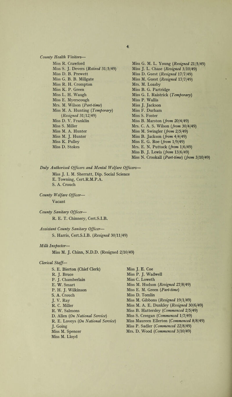 County Health Visitors— Miss R. Crawford Miss S. J. Devers {Retired 31/5/49) Miss D. B. Prewett Miss G. B. B. Millgate Miss R. H. Crompton Miss K. P. Green Miss L. H. Waugh Miss E. Myerscough Mrs. M. Wilson {Part-time) Miss M. A. Hunting {Temporary) {Resigned 31/12/49) Miss D. V. Franklin Miss S. Miller Miss M. A. Hunter Miss M. J. Hunter Miss K. Pulley Miss D. Stokes Miss G. M. L. Young {Resigned 21/5/49) Miss J. L. Chase {Resigned 3/10/49) Miss D. Guest {Resigned 17/7/49) Miss M. Guest {Resigned 17/7/49) Mrs. M. Loasby Miss B. G. Partridge Miss G. I. Raistrick {Temporary) Miss P. Wallis Miss J. Jackson Miss F. Durham Miss S. Foster Miss B. Marston {from 20/4/49) Mrs. C. A. S. Wilson {from 30/4/49) Miss M. Swingler {from 2/5/49) Miss B. Jackson {from 4/4/49) Miss E. G. Roe {from 1/9/49) Mrs. E. N. Puttock {from 1/6/49) Miss B. J. Lewis {from 13/6/49) Miss N. Crookall {Part-time) {from 3/10/49) Duly Authorised Officers and Mental Welfare Officers— Miss J. I. M. Sherratt, Dip. Social Science E. Downing, Cert.R.M.P.A. S. A. Crouch County Welfare Officer— Vacant County Sanitary Officer— R. E. T. Chinnery, Cert.S.I.B. Assistant County Sanitary Officer— S. Harris, Cert.S.I.B. {Resigned 30/11/49) Milk Inspector— Miss M. J. Chinn, N.D.D. (Resigned 2/10/49) Clerical Staff— S. E. Bierton (Chief Clerk) R. J. Bruce P. J. Chamberlain E. W. Smart P. H. J. Wilkinson S. A. Crouch J. V. Ray R. C. Miller R. W. Salmons D. Allen {On National Service) R. E. Loveys {On National Service) J. Going Miss M. Spencer Miss M. Lloyd Miss J. E. Coe Miss P. J. Wadwell Miss C. Loweth Miss M. Hudson {Resigned 27/8/49) Miss E. M. Green {Part-time) Miss D. Tomlin Miss M. Gibbons {Resigned 19/1/49) Miss M. A. E. Dunkley {Resigned 30/6/49) Miss B. Hattersley {Commenced 2/5/49) Miss S. Creegan {Commenced 1/7/49) Miss Maureen Ellerton {Commenced 8/8/49) Miss P. Sadler {Commenced 22/8/49) Mrs. D. Wood {Commenced 3/10/49)