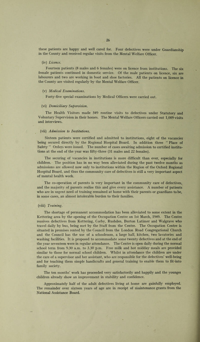 these patients are happy and well cared for. Four defectives were under Guardianship in the County and received regular visits from the Mental Welfare Officer. (iv) Licence. Fourteen patients (8 males and 6 females) were on licence from institutions. The six female patients continued in domestic service. Of the male patients on licence, six are labourers and two are working in boot and shoe factories. All the patients on licence in the County are visited regularly by the Mental Welfare Officer. (v) Medical Examinations. Forty-five special examinations by Medical Officers were carried out. (vi) Domiciliary Supervision. The Health Visitors made 549 routine visits to defectives under Statutory and Voluntary Supervision in their homes. The Mental Welfare Officers carried out 1,009 visits and interviews. (vii) Admission to Institutions. Sixteen patients were certified and admitted to institutions, eight of the vacancies being secured directly by the Regional Hospital Board. In addition three  Place of Safety ” Orders were issued. The number of cases awaiting admission to certified institu¬ tions at the end of the year was fifty-three (31 males and 22 females). The securing of vacancies in institutions is more difficult than ever, especially for children. The position has in no way been alleviated during the past twelve months as admissions are allowed now only to institutions within the Region of the Oxford Regional Hospital Board, and thus the community care of defectives is still a very important aspect of mental health work. The co-operation of parents is very important in the community care of defectives, and the majority of parents realise this and give every assistance. A number of patients who are in urgent need of training remained at home with their parents or guardians to be, in some cases, an almost intolerable burden to their families. (viii) Training. The shortage of permanent accommodation has been alleviated to some extent in the Kettering area by the opening of the Occupation Centre on 1st March, 1949. The Centre receives defectives from Kettering, Corby, Rushden, Burton Latimer and Walgrave who travel daily by bus, being met by the Staff from the Centre. The Occupation Centre is situated in premises rented by the Council from the London Road Congregational Church and the Council has the use of a schoolroom, a large hall, kitchen, two lavatories and washing facilities. It is proposed to accommodate some twenty defectives and at the end of the year seventeen were in regular attendance. The Centre is open daily during the normal school term from 9.30 a.m. to 3.30 p.m. Free milk and hot midday meals are provided similar to those for normal school children. Whilst in attendance the children are under the care of a supervisor and her assistant, who are responsible for the defectives’ well-being and for teaching them simple handicrafts and general training to enable them to fit-into family society. The ten months’ work has proceeded very satisfactorily and happily and the younger children already show an improvement in stability and confidence. Approximately half of the adult defectives living at home are gainfully employed. The remainder over sixteen years of age are in receipt of maintenance grants from the National Assistance Board.