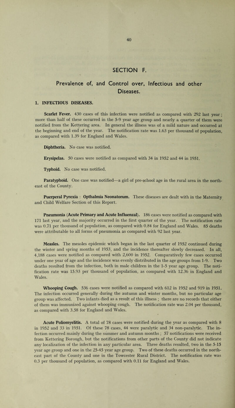 SECTION F. Prevalence of, and Control over, Infectious and other Diseases. 1. INFECTIOUS DISEASES. Scarlet Fever. 430 cases of this infection were notified as compared with 292 last year; more than half of these occurred in the 5-9 year age group and nearly a quarter of them were notified from the Kettering area. In general the illness was of a mild nature and occurred at the beginning and end of the year. The notification rate was 1.63 per thousand of population, as compared with 1.39 for England and Wales. Diphtheria. No case was notified. Erysipelas. 50 cases were notified as compared with 34 in 1952 and 44 in 1951. Typhoid. No case was notified. Paratyphoid. One case was notified—a girl of pre-school age in the rural area in the north¬ east of the County. Puerperal Pyrexia : Opthalmia Neonatorum. These diseases are dealt with in the Maternity and Child Welfare Section of this Report. Pneumonia (Acute Primary and Acute Influenzal). 186 cases were notified as compared with 171 last year, and the majority occurred in the first quarter of the year. The notification rate was 0.71 per thousand of population, as compared with 0.84 for England and Wales. 85 deaths were attributable to all forms of pneumonia as compared with 92 last year. Measles. The measles epidemic which began in the last quarter of 1952 continued during the winter and spring months of 1953, and the incidence thereafter slowly decreased. In all, 4,188 cases were notified as compared with 2,600 in 1952. Comparatively few cases occurred under one year of age and the incidence was evenly distributed in the age groups from 1-9. Two deaths resulted from the infection, both in male children in the 1-5 year age group. The noti¬ fication rate was 15.93 per thousand of population, as compared with 12.36 in England and Wales. Whooping Cough. 536 cases were notified as compared with 612 in 1952 and 919 in 1951. The infection occurred generally during the autumn and winter months, but no particular age group was affected. Two infants died as a result of this illness ; there are no records that either of them was immunized against whooping cough. The notification rate was 2.04 per thousand, as compared with 3.58 for England and Wales. Acute Poliomyelitis. A total of 78 cases were notified during the year as compared with 8 in 1952 and 33 in 1951. Of these 78 cases, 44 were paralytic and 34 non-paralytic. The in¬ fection occurred mainly during the summer and autumn months ; 57 notifications were received from Kettering Borough, but the notifications from other parts of the County did not indicate any localization of the infection in any particular area. Three deaths resulted, two in the 5-15 year age group and one in the 25-45 year age group. Two of these deaths occurred in the north¬ east part of the County and one in the Towcester Rural District. The notification rate was 0.3 per thousand of population, as compared with 0.11 for England and Wales.