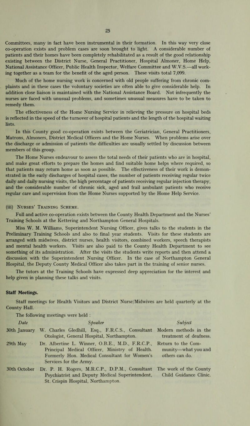 Committees, many in fact have been instrumental in their formation. In this way very close co-operation exists and problem cases are soon brought to light. A considerable number of patients and their homes have been completely rehabilitated as a result of the good relationship existing between the District Nurse, General Practitioner, Hospital Almoner, Home Help, National Assistance Officer, Public Health Inspector, Welfare Committee and W.V.S.—all work¬ ing together as a team for the benefit of the aged person. These visits total 7,099. Much of the home nursing work is concerned with old people suffering from chronic com¬ plaints and in these cases the voluntary societies are often able to give considerable help. In addition close liaison is maintained with the National Assistance Board. Not infrequently the nurses are faced with unusual problems, and sometimes unusual measures have to be taken to remedy them. The effectiveness of the Home Nursing Service in relieving the pressure on hospital beds is reflected in the speed of the turnover of hospital patients and the length of the hospital waiting lists. In this County good co-operation exists between the Geriatrician, General Practitioners, Matrons, Almoners, District Medical Officers and the Home Nurses. When problems arise over the discharge or admission of patients the difficulties are usually settled by discussion between members of this group. The Home Nurses endeavour to assess the total needs of their patients who are in hospital, and make great efforts to prepare the homes and find suitable home helps where required, so that patients may return home as soon as possible. The effectiveness of their work is demon¬ strated in the early discharges of hospital cases, the number of patients receiving regular twice daily and daily nursing visits, the high percentage of patients receiving regular injection therapy, and the considerable number of chronic sick, aged and frail ambulant patients who receive regular care and supervision from the Home Nurses supported by the Home Help Service. (iii) Nurses’ Training Scheme. Full and active co-operation exists between the County Health Department and the Nurses’ Training Schools at the Kettering and Northampton General Hospitals. Miss W. M. Williams, Superintendent Nursing Officer, gives talks to the students in the Preliminary Training Schools and also to final year students. Visits for these students are arranged with midwives, district nurses, health visitors, combined workers, speech therapists and mental health workers. Visits are also paid to the County Health Department to see something of its administration. After the visits the students write reports and then attend a discussion with the Superintendent Nursing Officer. In the case of Northampton General Hospital, the Deputy County Medical Officer also takes part in the training of senior nurses. The tutors at the Training Schools have expressed deep appreciation for the interest and help given in planning these talks and visits. Staff Meetings. Staff meetings for Health Visitors and District Nurse/Midwives are held quarterly at the County Hall. The following meetings were held : Date 30th January' 29th May 30th October Speaker W. Charles Gledhill, Esq., F.R.C.S., Consultant Otologist, General Hospital, Northampton. Dr. Albertine L. Winner, O.B.E., M.D., F.R.C.P., Principal Medical Officer, Ministry of Health. Formerly Hon. Medical Consultant for Women’s Services for the Army. Dr. P. H. Rogers, M.R.C.P., D.P.M., Consultant Psychiatrist and Deputy Medical Superintendent, St. Crispin Hospital, Northampton. Subject Modern methods in the treatment of deafness. Return to the Com¬ munity—what you and others can do. The work of the County Child Guidance Clinic.