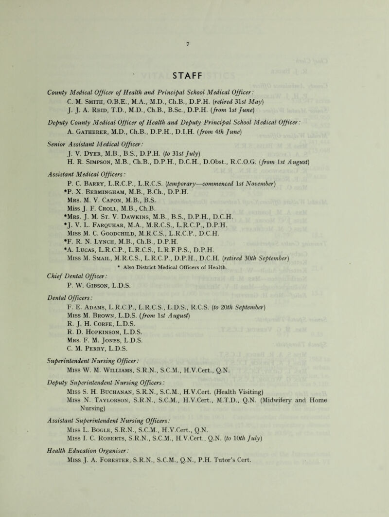 STAFF County Medical Officer of Health and Principal School Medical Officer: C. M. Smith, O.B.E., M.A., M.D., Ch.B., D.P.H. (retired 31s£ May) J. J. A. Reid, T.D., M.D., Ch.B., B.Sc., D.P.H. (from ls£ fune) Deputy County Medical Officer of Health and Deputy Principal School Medical Officer: A. Gatherer, M.D., Ch.B., D.P.H., D.I.H. (from 4th fune) Senior Assistant Medical Officer: J. V. Dyer, M.B., B.S., D.P.H. (to 31 st fuly) H. R. Simpson, M.B., Ch.B., D.P.H., D.C.H., D.Obst., R.C.O.G. (from ls£ August) Assistant Medical Officers: P. C. Barry, L.R.C.P., L.R.C.S. (temporary—commenced ls£ November) *P. X. Bermingham, M.B., B.Ch., D.P.H. Mrs. M. V. Capon, M.B., B.S. Miss J. F. Croll, M.B., Ch.B. ♦Mrs. J. M. St. V. Dawkins, M.B., B.S., D.P.H., D.C.H. ♦J. V. L. Farquhar, M.A., M.R.C.S., L.R.C.P., D.P.H. Miss M. C. Goodchild, M.R.C.S., L.R.C.P., D.C.H. *F. R. N. Lynch, M.B., Ch.B., D.P.H. *A. Lucas, L.R.C.P., L.R.C.S., L.R.F.P.S., D.P.H. Miss M. Smail, M.R.C.S., L.R.C.P., D.P.H., D.C.H. (retired 30th September) * Also District Medical Officers of Health. Chief Dental Officer: P. W. Gibson, L.D.S. Dental Officers: F. E. Adams, L.R.C.P., L.R.C.S., L.D.S., R.C.S. (to 20th September) Miss M. Brown, L.D.S. (from 1 st August) R. J. H. Corfe, L.D.S. R. D. Hopkinson, L.D.S. Mrs. F. M. Jones, L.D.S. C. M. Perry, L.D.S. Superintendent Nursing Officer: Miss W. M. Williams, S.R.N., S.C.M., H.V.Cert., Q.N. Deputy Superintendent Nursing Officers: Miss S. H. Buchanan, S.R.N., S.C.M., H.V.Cert. (Health Visiting) Miss N. Taylorson, S.R.N., S.C.M., H.V.Cert., M.T.D., Q.N. (Midwifery and Home Nursing) Assistant Superintendent Nursing Officers: Miss L. Bogle, S.R.N., S.C.M., H.V.Cert., Q.N. Miss I. C. Roberts, S.R.N., S.C.M., H.V.Cert., Q.N. (to 10th fuly) Health Education Organiser: Miss J. A. Forester, S.R.N., S.C.M., Q.N., P.H. Tutor’s Cert.